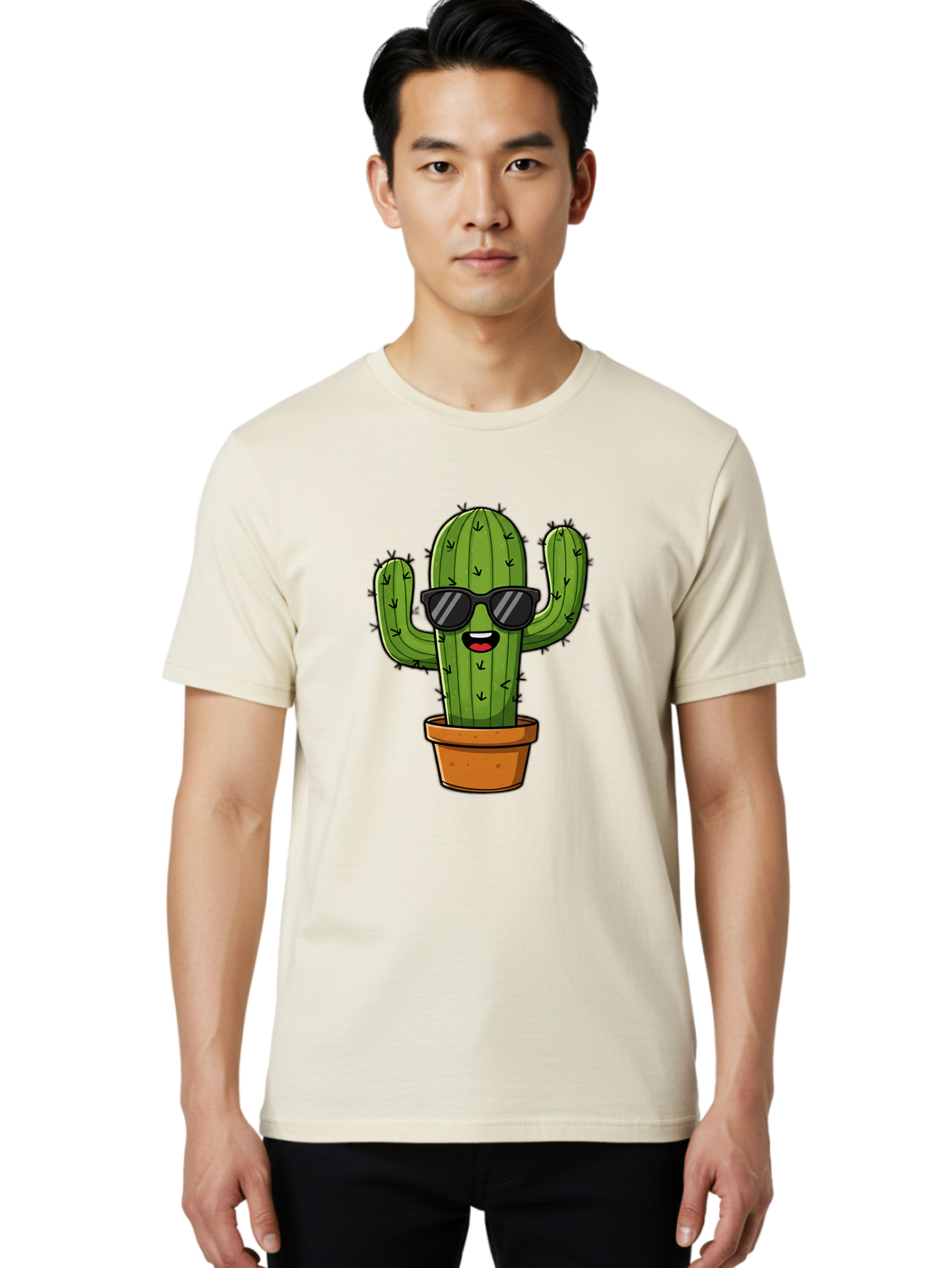 Cactus-In-Sunglasses-1 Men'S Graphic Tee, 100% Cotton, Comfortable Casual Summer Wear, Machine Washable, Cartoon Cactus, Pot, Sunglasses, Happy Face, Spiky Texture, Trendy Decor, Quirky Charm, Fun Design, Humorous Vibe, Cool Cactus, Bac751