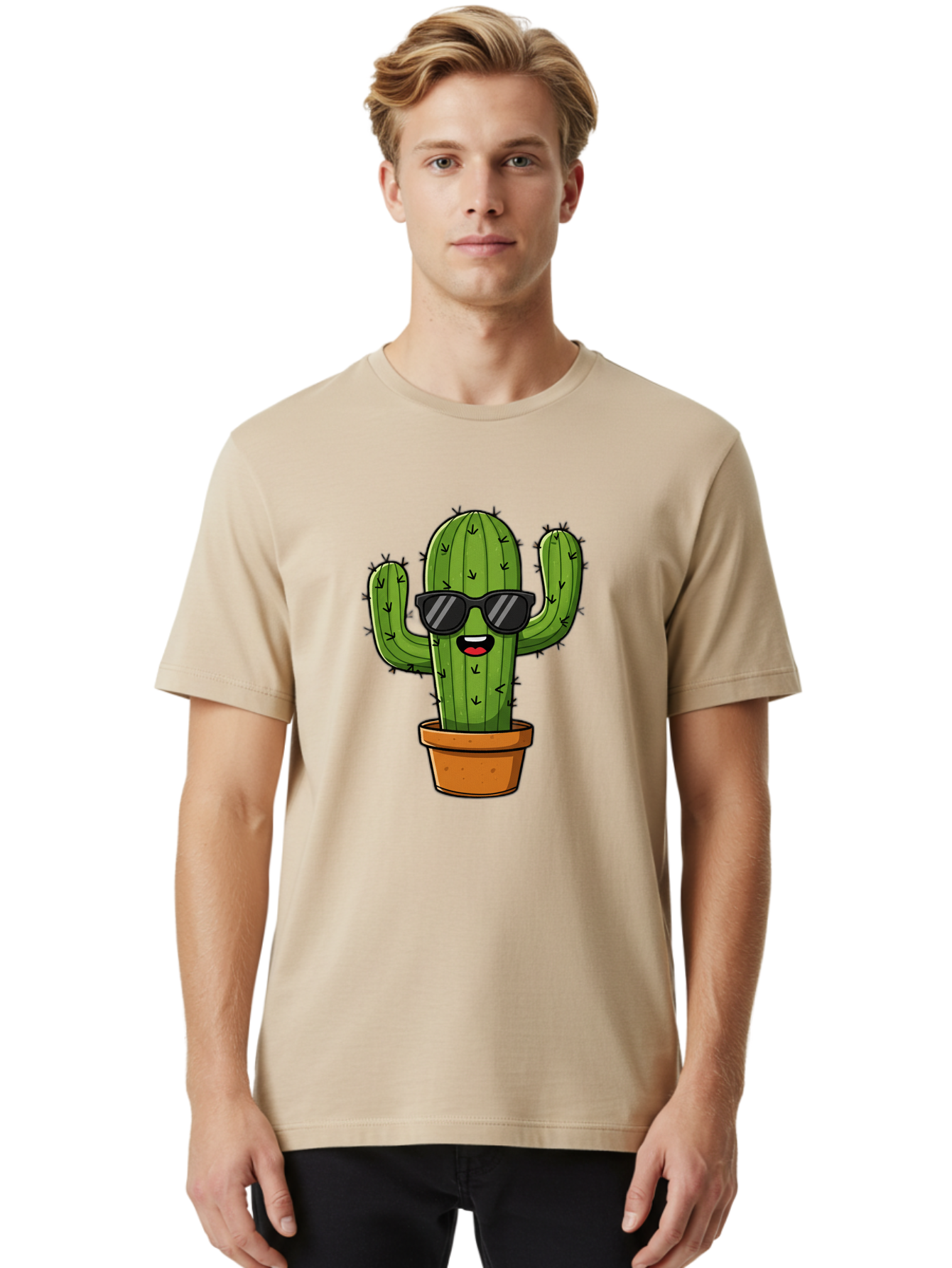 Cactus-In-Sunglasses-1 Men'S Graphic Tee, 100% Cotton, Comfortable Casual Summer Wear, Machine Washable, Cartoon Cactus, Pot, Sunglasses, Happy Face, Spiky Texture, Trendy Decor, Quirky Charm, Fun Design, Humorous Vibe, Cool Cactus, Bac751