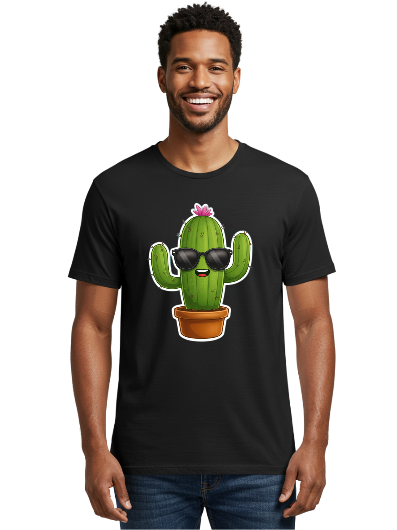 Cactus-In-Sunglasses Men'S Graphic Tee, 100% Cotton, Comfortable Casual Summer Wear, Machine Washable, Cartoon Cactus, Sunglasses, Cool Cactus, Potted Plant, Desert Humor, Fun Character, Quirky Illustration, Cactus Love, Trendy Graphics Bac752
