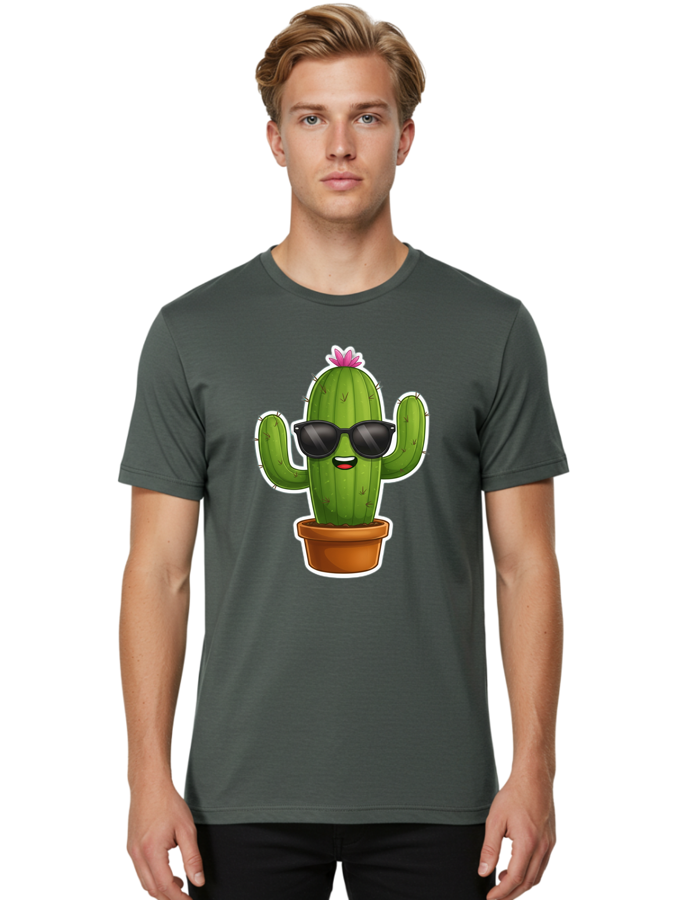 Cactus-In-Sunglasses Men'S Graphic Tee, 100% Cotton, Comfortable Casual Summer Wear, Machine Washable, Cartoon Cactus, Sunglasses, Cool Cactus, Potted Plant, Desert Humor, Fun Character, Quirky Illustration, Cactus Love, Trendy Graphics Bac752