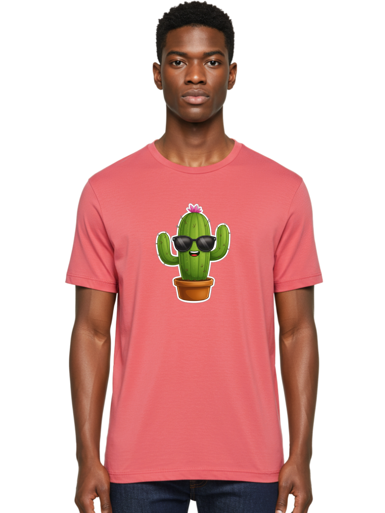 Cactus-In-Sunglasses Men'S Graphic Tee, 100% Cotton, Comfortable Casual Summer Wear, Machine Washable, Cartoon Cactus, Sunglasses, Cool Cactus, Potted Plant, Desert Humor, Fun Character, Quirky Illustration, Cactus Love, Trendy Graphics Bac752