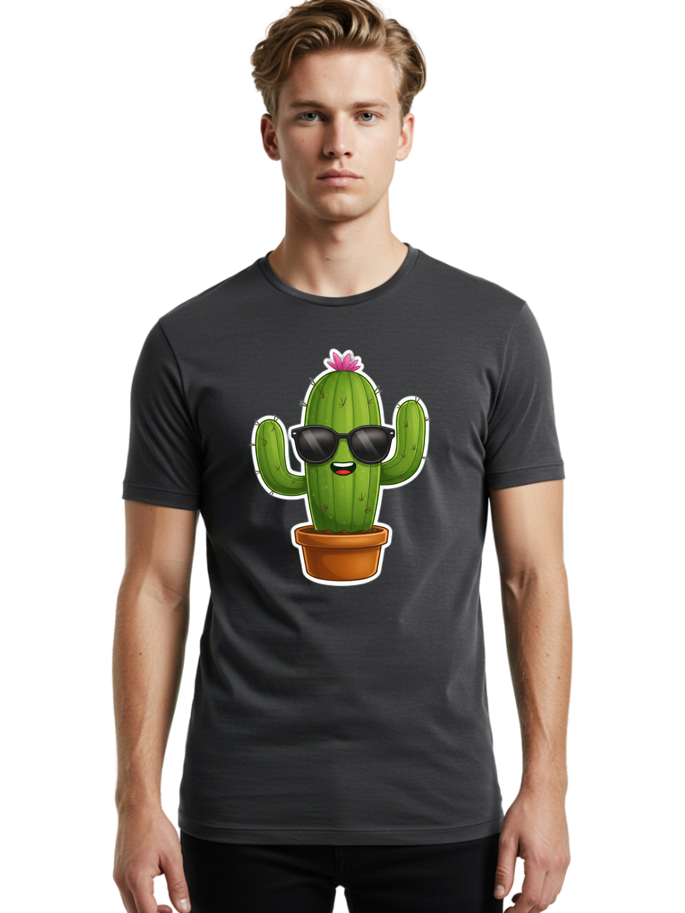 Cactus-In-Sunglasses Men'S Graphic Tee, 100% Cotton, Comfortable Casual Summer Wear, Machine Washable, Cartoon Cactus, Sunglasses, Cool Cactus, Potted Plant, Desert Humor, Fun Character, Quirky Illustration, Cactus Love, Trendy Graphics Bac752