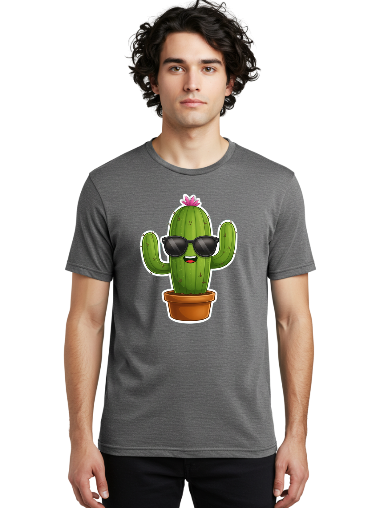 Cactus-In-Sunglasses Men'S Graphic Tee, 100% Cotton, Comfortable Casual Summer Wear, Machine Washable, Cartoon Cactus, Sunglasses, Cool Cactus, Potted Plant, Desert Humor, Fun Character, Quirky Illustration, Cactus Love, Trendy Graphics Bac752