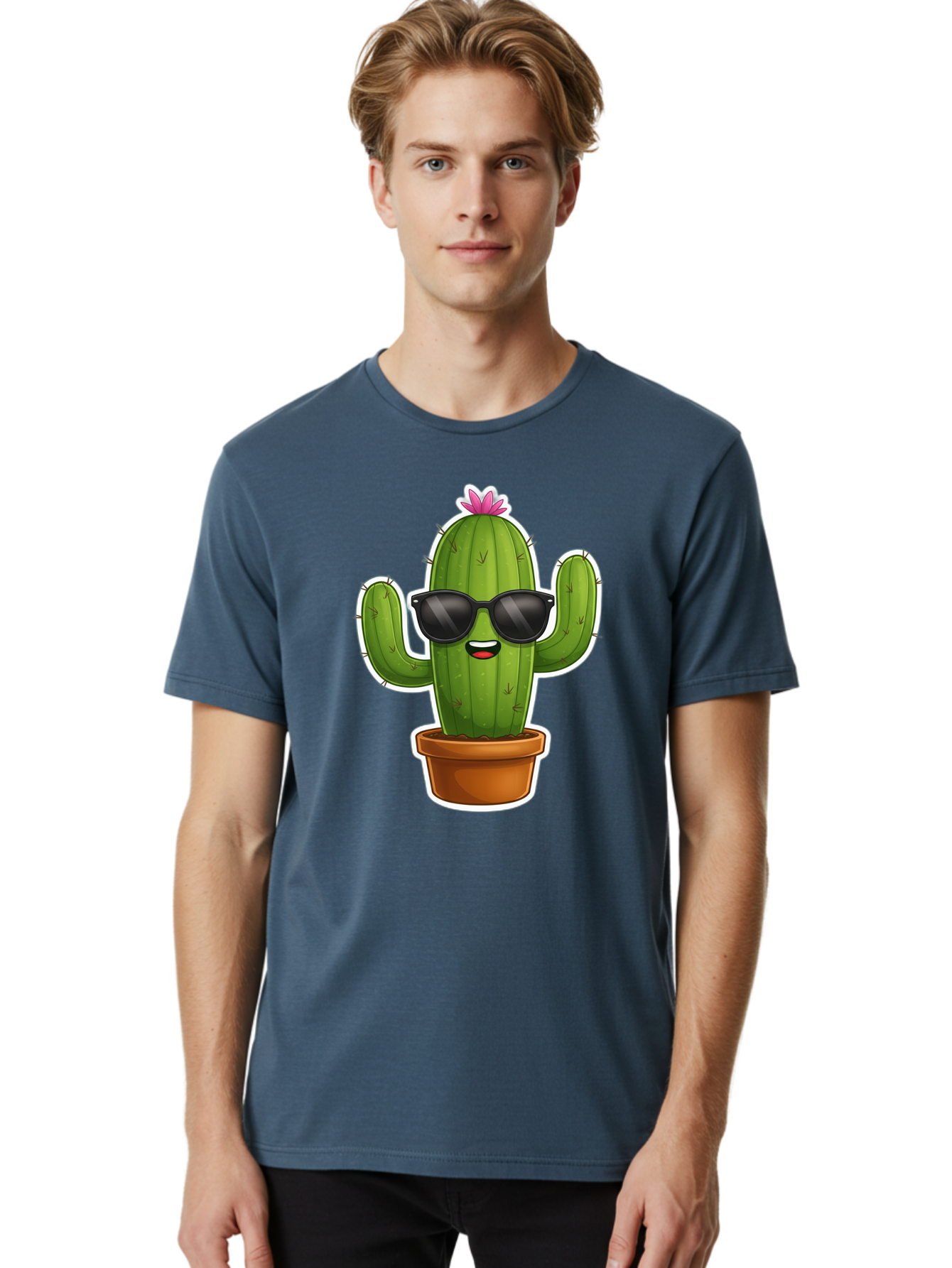 Cactus-In-Sunglasses Men'S Graphic Tee, 100% Cotton, Comfortable Casual Summer Wear, Machine Washable, Cartoon Cactus, Sunglasses, Cool Cactus, Potted Plant, Desert Humor, Fun Character, Quirky Illustration, Cactus Love, Trendy Graphics Bac752