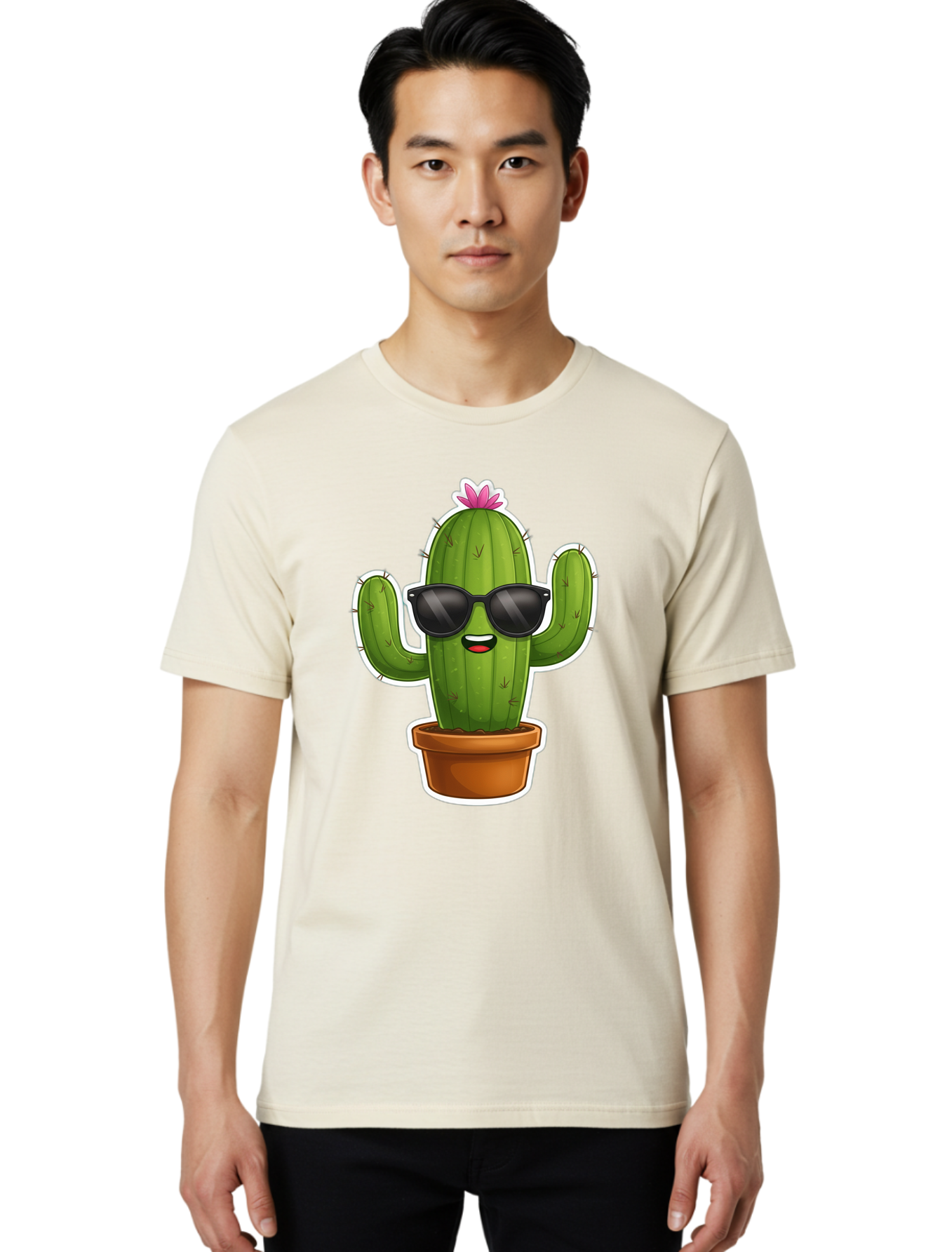 Cactus-In-Sunglasses Men'S Graphic Tee, 100% Cotton, Comfortable Casual Summer Wear, Machine Washable, Cartoon Cactus, Sunglasses, Cool Cactus, Potted Plant, Desert Humor, Fun Character, Quirky Illustration, Cactus Love, Trendy Graphics Bac752