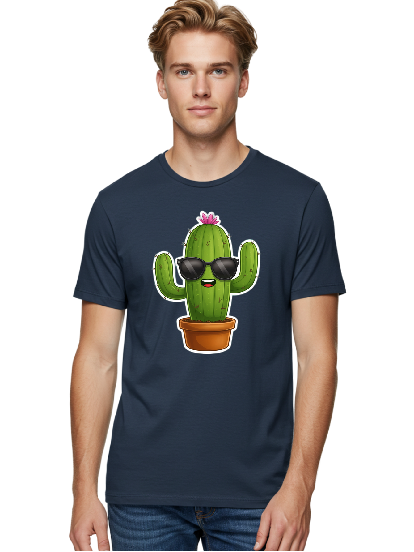 Cactus-In-Sunglasses Men'S Graphic Tee, 100% Cotton, Comfortable Casual Summer Wear, Machine Washable, Cartoon Cactus, Sunglasses, Cool Cactus, Potted Plant, Desert Humor, Fun Character, Quirky Illustration, Cactus Love, Trendy Graphics Bac752