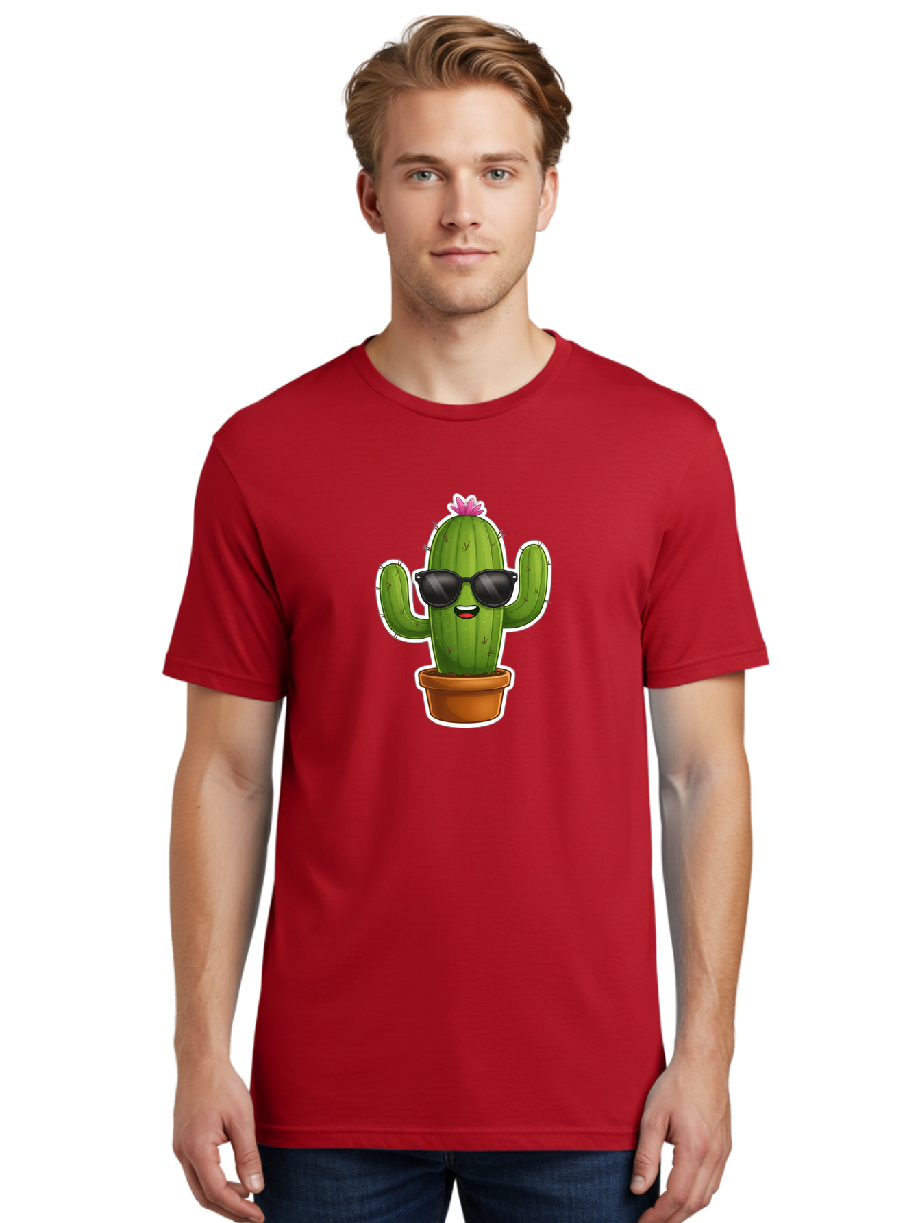 Cactus-In-Sunglasses Men'S Graphic Tee, 100% Cotton, Comfortable Casual Summer Wear, Machine Washable, Cartoon Cactus, Sunglasses, Cool Cactus, Potted Plant, Desert Humor, Fun Character, Quirky Illustration, Cactus Love, Trendy Graphics Bac752