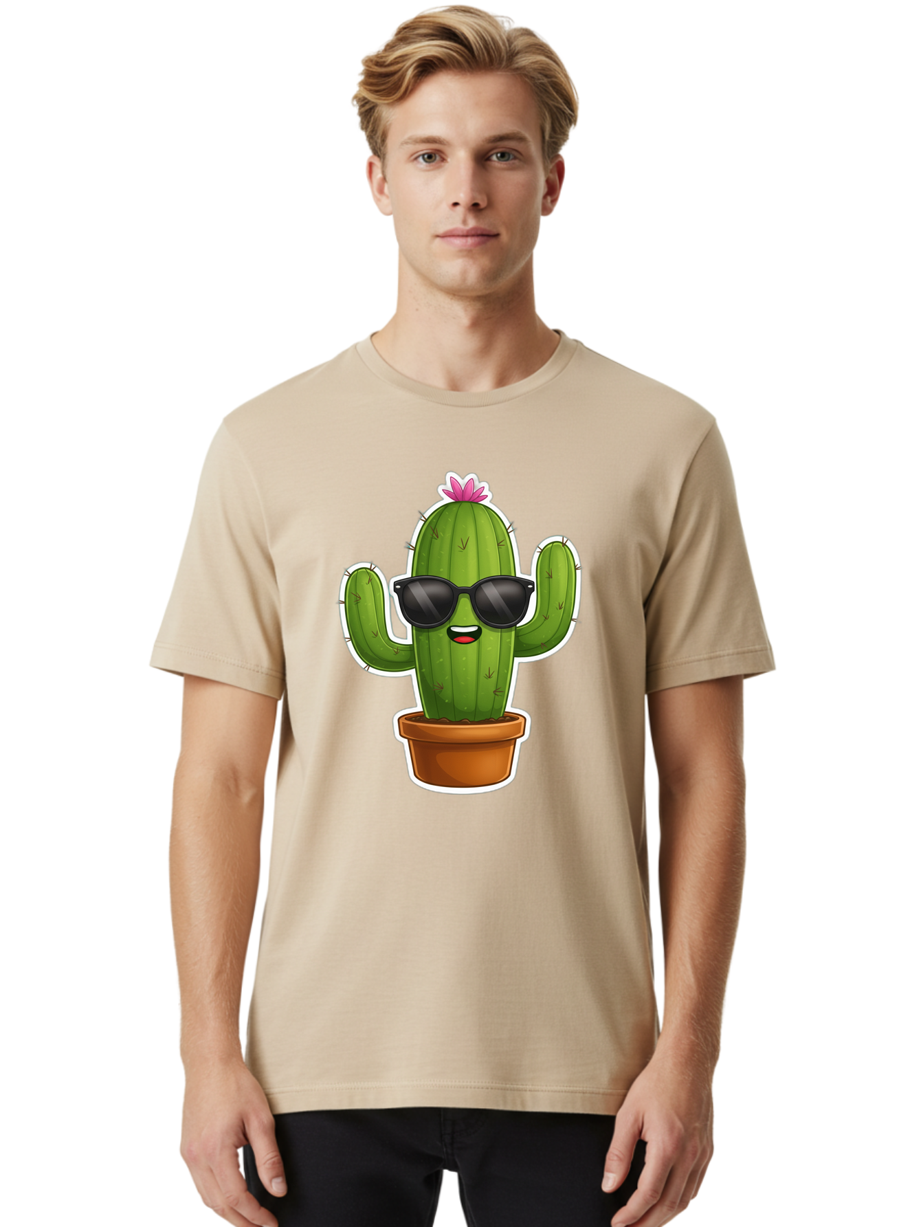 Cactus-In-Sunglasses Men'S Graphic Tee, 100% Cotton, Comfortable Casual Summer Wear, Machine Washable, Cartoon Cactus, Sunglasses, Cool Cactus, Potted Plant, Desert Humor, Fun Character, Quirky Illustration, Cactus Love, Trendy Graphics Bac752