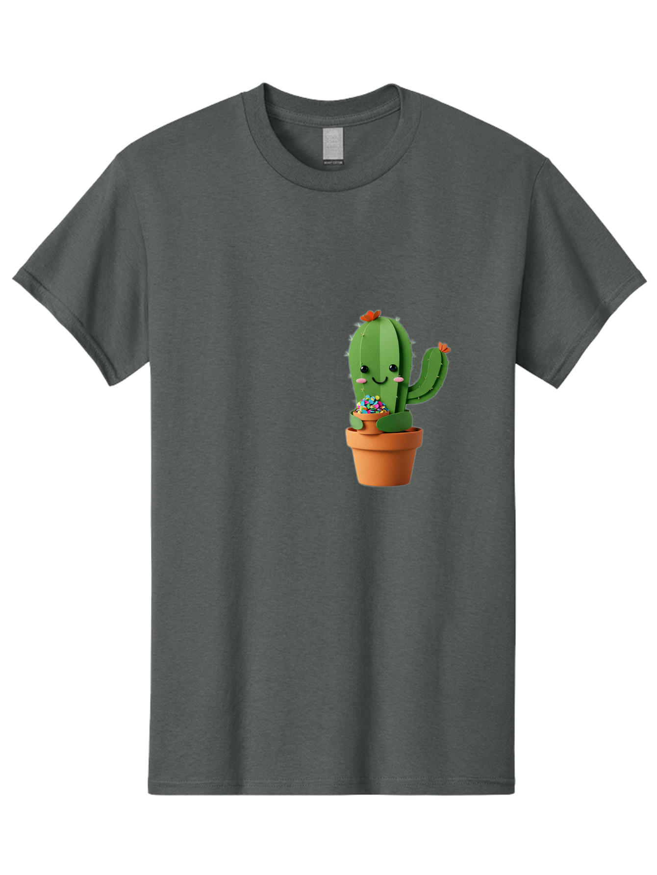 Cactus-Kawaii Men'S Graphic Tee, 100% Cotton, Comfortable Casual Summer Wear, Machine Washable, Cartoon Cactus, Cuddly Character, Pot Of Candy, Smiling Face, Cute Design, Adorable Illustration, Kawaii Art Bac753
