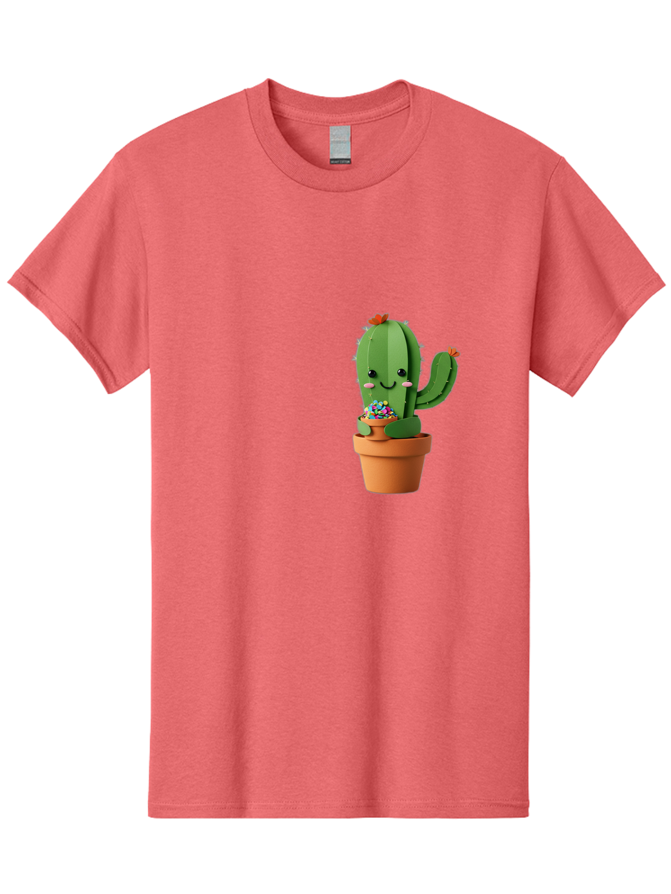 Cactus-Kawaii Men'S Graphic Tee, 100% Cotton, Comfortable Casual Summer Wear, Machine Washable, Cartoon Cactus, Cuddly Character, Pot Of Candy, Smiling Face, Cute Design, Adorable Illustration, Kawaii Art Bac753