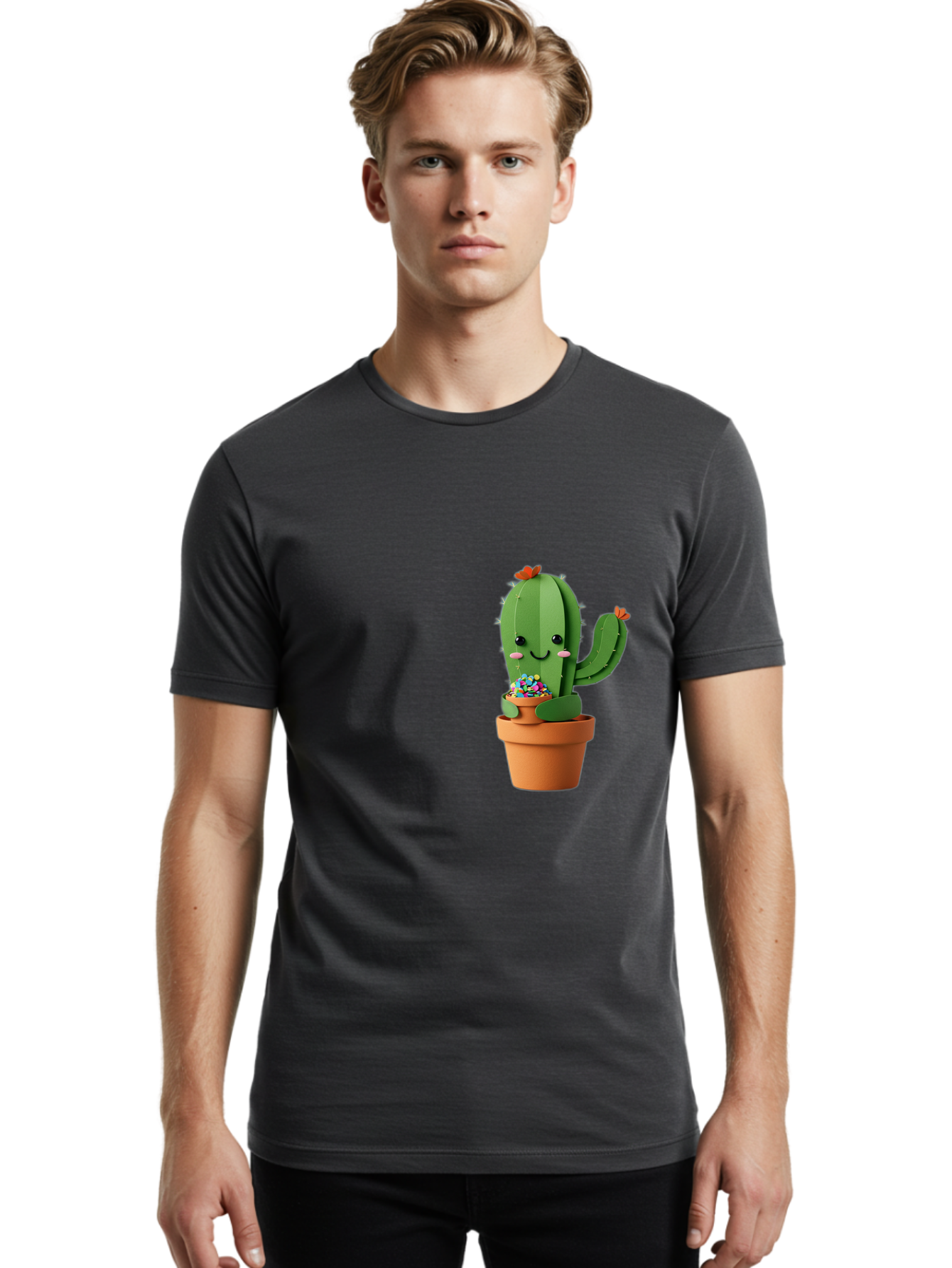 Cactus-Kawaii Men'S Graphic Tee, 100% Cotton, Comfortable Casual Summer Wear, Machine Washable, Cartoon Cactus, Cuddly Character, Pot Of Candy, Smiling Face, Cute Design, Adorable Illustration, Kawaii Art Bac753