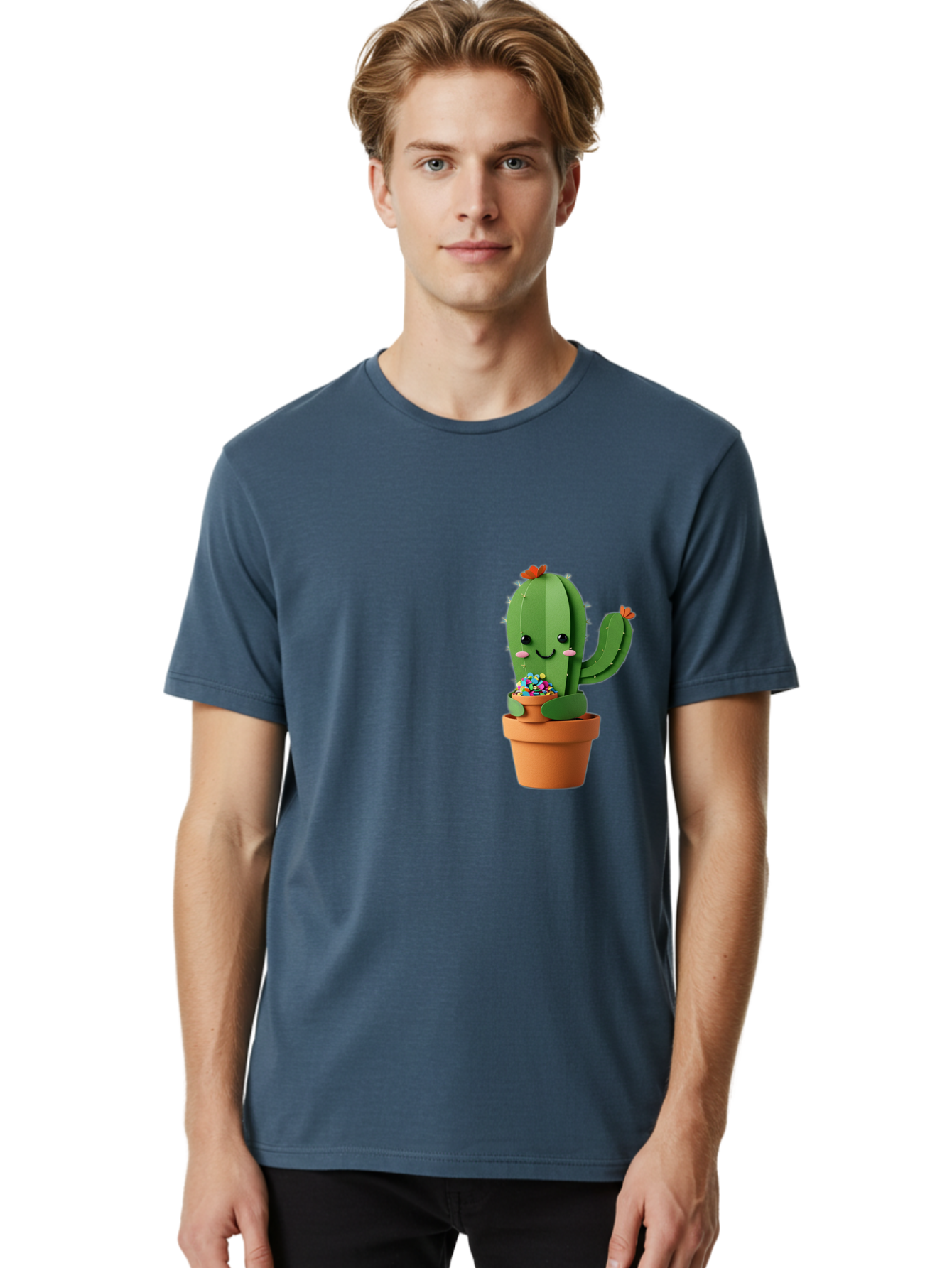 Cactus-Kawaii Men'S Graphic Tee, 100% Cotton, Comfortable Casual Summer Wear, Machine Washable, Cartoon Cactus, Cuddly Character, Pot Of Candy, Smiling Face, Cute Design, Adorable Illustration, Kawaii Art Bac753