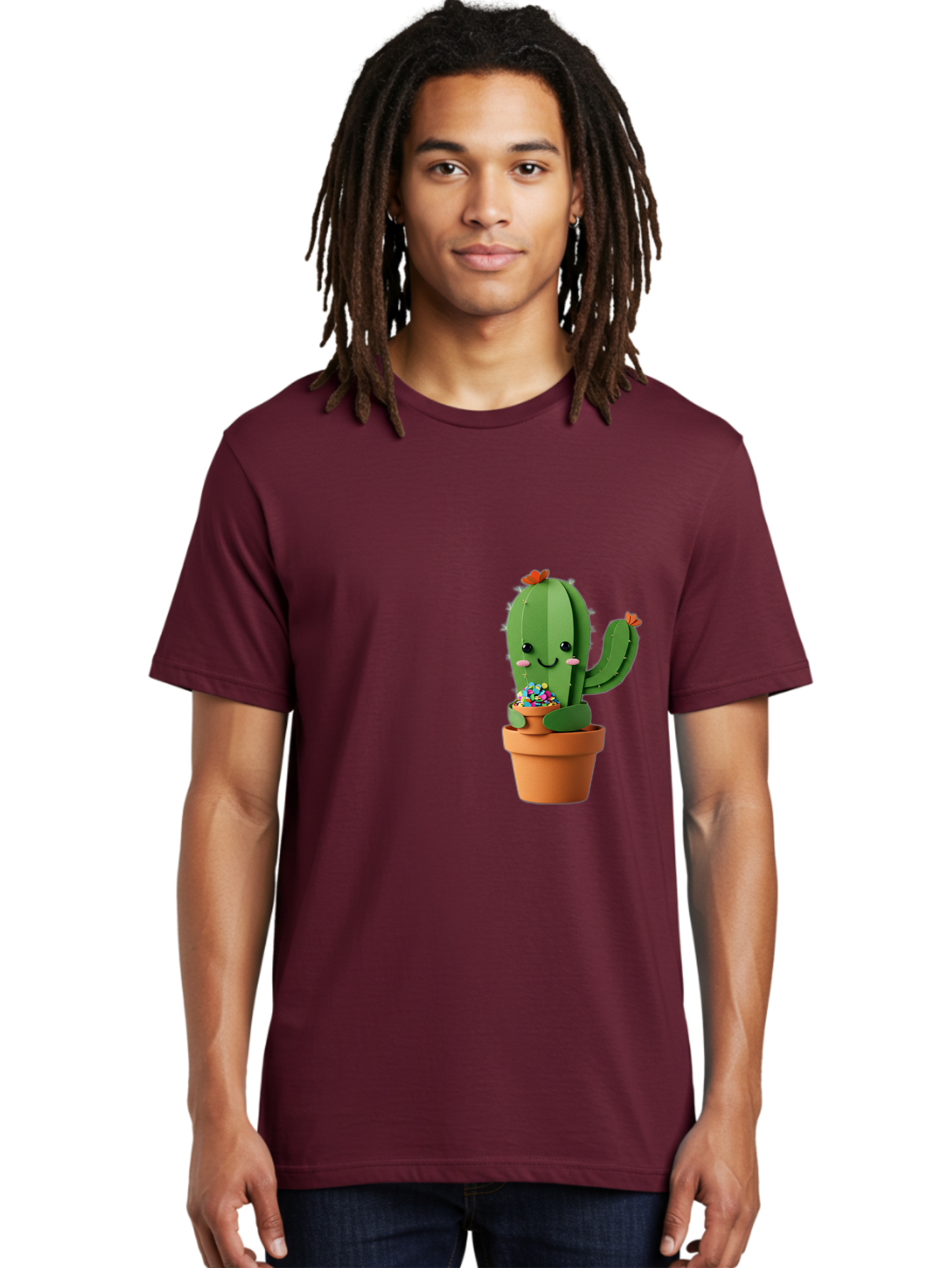 Cactus-Kawaii Men'S Graphic Tee, 100% Cotton, Comfortable Casual Summer Wear, Machine Washable, Cartoon Cactus, Cuddly Character, Pot Of Candy, Smiling Face, Cute Design, Adorable Illustration, Kawaii Art Bac753