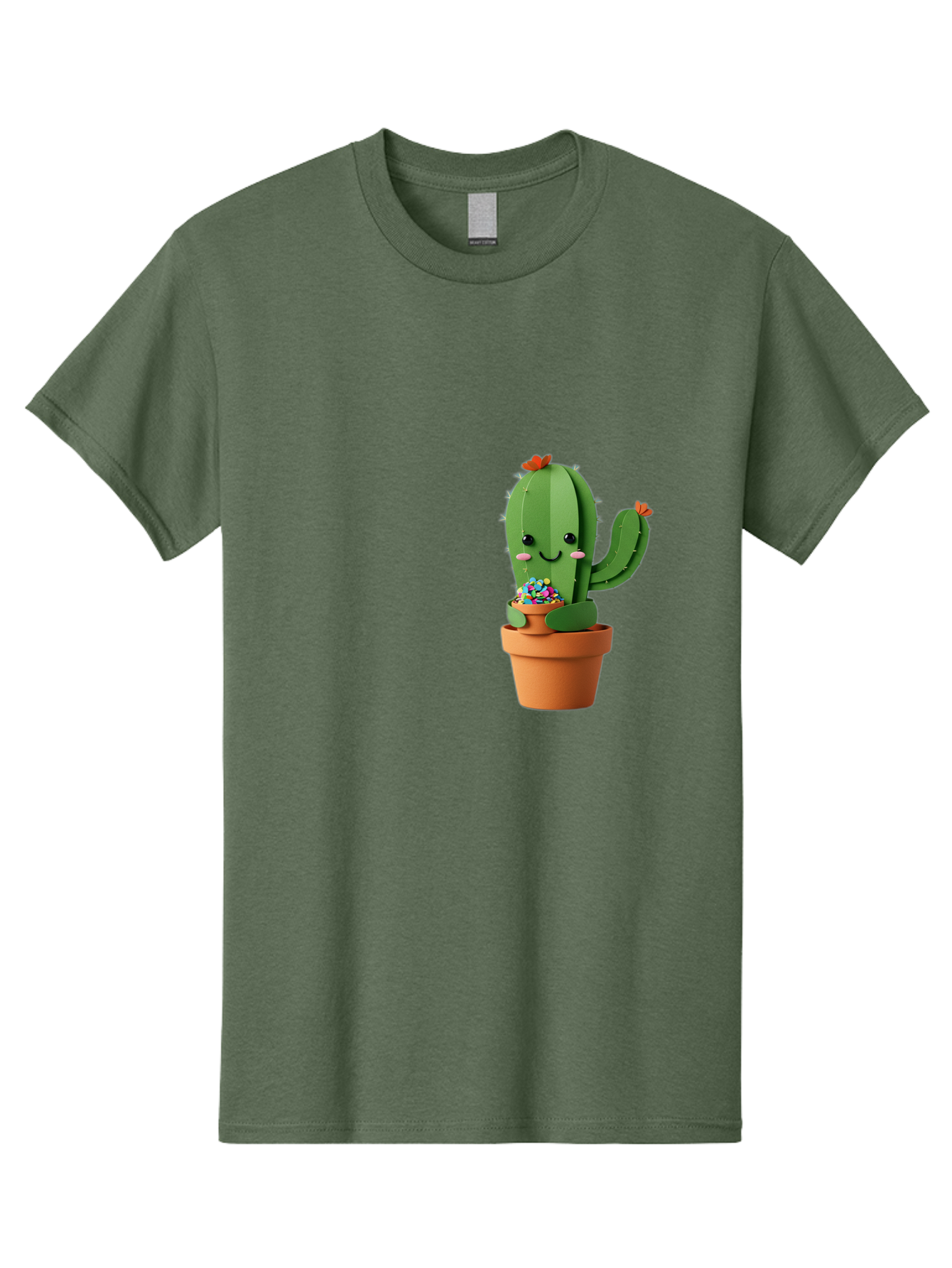 Cactus-Kawaii Men'S Graphic Tee, 100% Cotton, Comfortable Casual Summer Wear, Machine Washable, Cartoon Cactus, Cuddly Character, Pot Of Candy, Smiling Face, Cute Design, Adorable Illustration, Kawaii Art Bac753