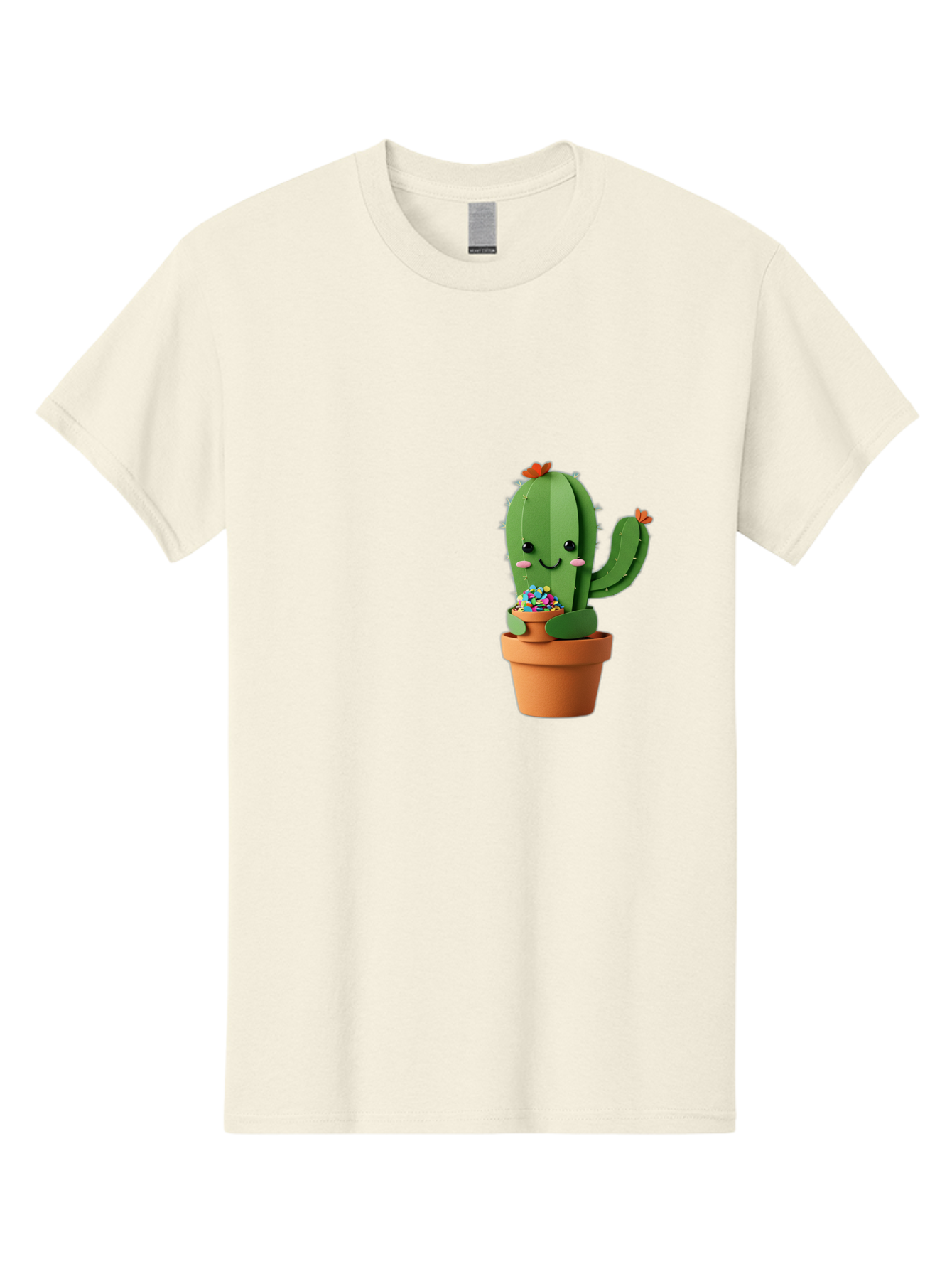 Cactus-Kawaii Men'S Graphic Tee, 100% Cotton, Comfortable Casual Summer Wear, Machine Washable, Cartoon Cactus, Cuddly Character, Pot Of Candy, Smiling Face, Cute Design, Adorable Illustration, Kawaii Art Bac753