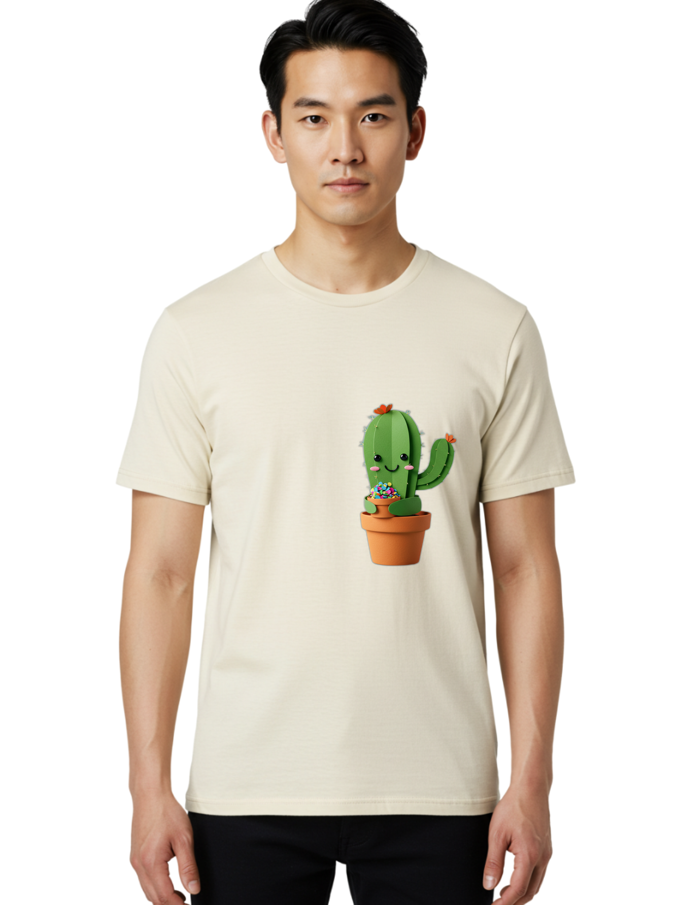 Cactus-Kawaii Men'S Graphic Tee, 100% Cotton, Comfortable Casual Summer Wear, Machine Washable, Cartoon Cactus, Cuddly Character, Pot Of Candy, Smiling Face, Cute Design, Adorable Illustration, Kawaii Art Bac753