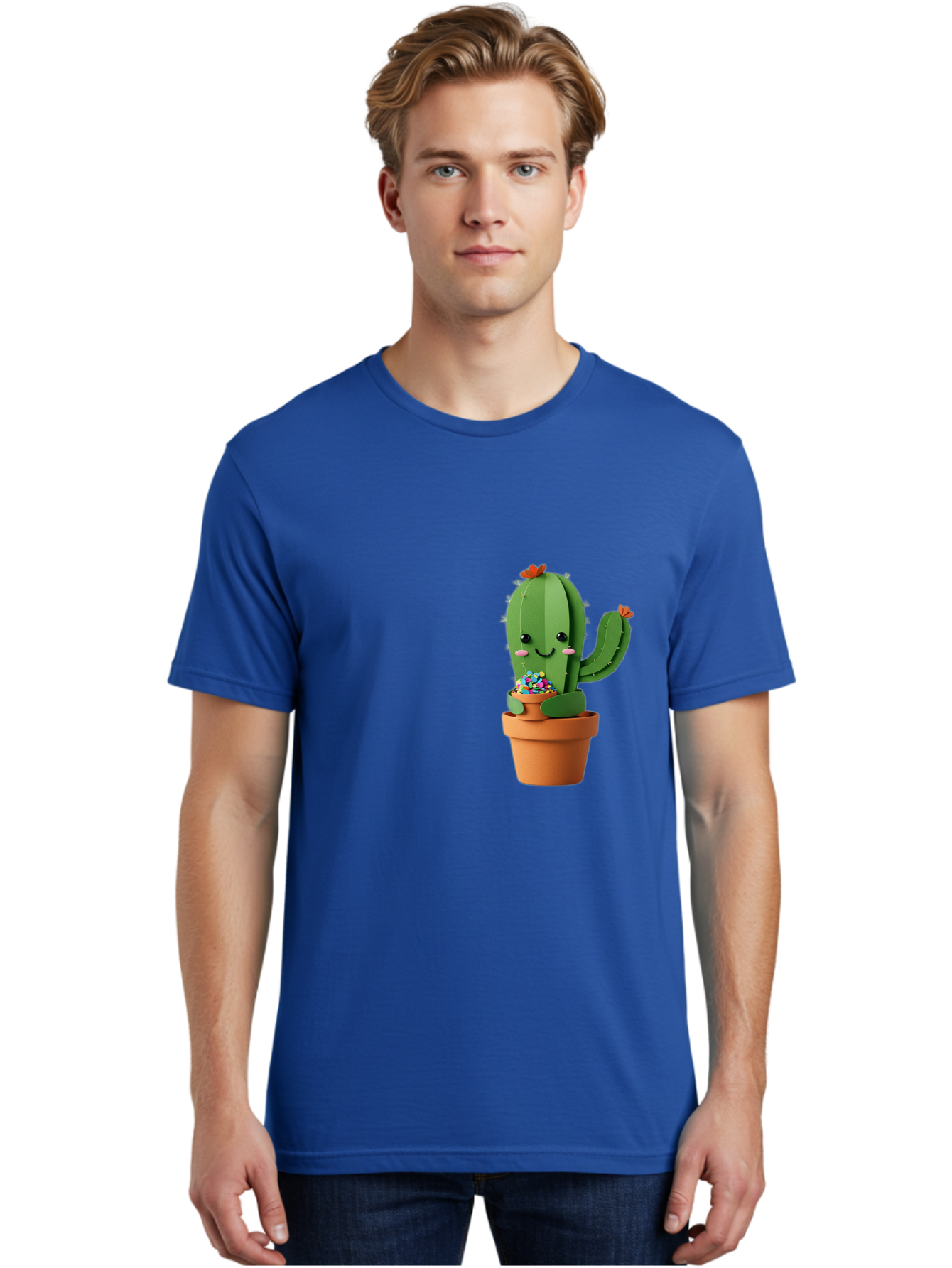 Cactus-Kawaii Men'S Graphic Tee, 100% Cotton, Comfortable Casual Summer Wear, Machine Washable, Cartoon Cactus, Cuddly Character, Pot Of Candy, Smiling Face, Cute Design, Adorable Illustration, Kawaii Art Bac753