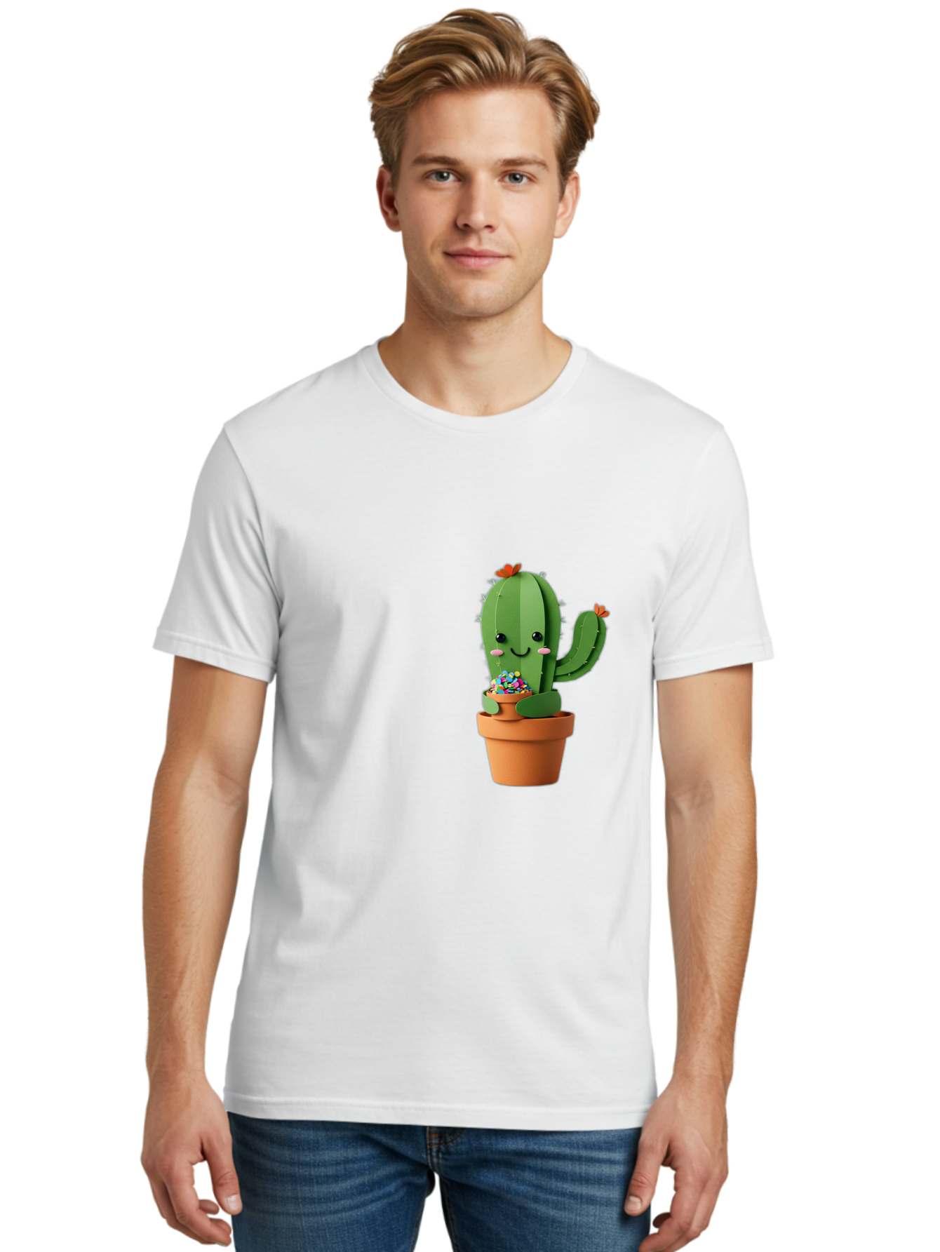 Cactus-Kawaii Men'S Graphic Tee, 100% Cotton, Comfortable Casual Summer Wear, Machine Washable, Cartoon Cactus, Cuddly Character, Pot Of Candy, Smiling Face, Cute Design, Adorable Illustration, Kawaii Art Bac753