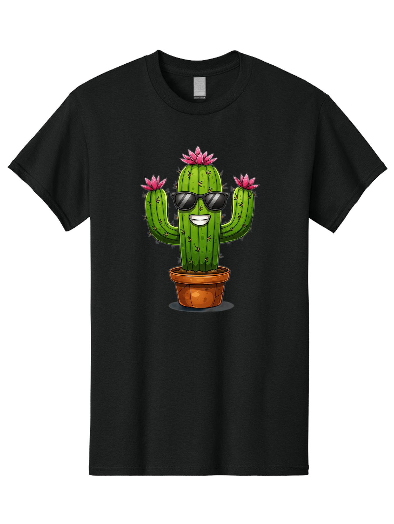 Cactus-Sunglasses-1 Men'S Graphic Tee, 100% Cotton, Comfortable Casual Summer Wear, Machine Washable, Funny Cactus, Sunglasses, Cartoon Style, Pink Flowers, Terracotta Pot, Smiling Face, Quirky Character, Houseplant Decor, Desert Vibes, Bac754