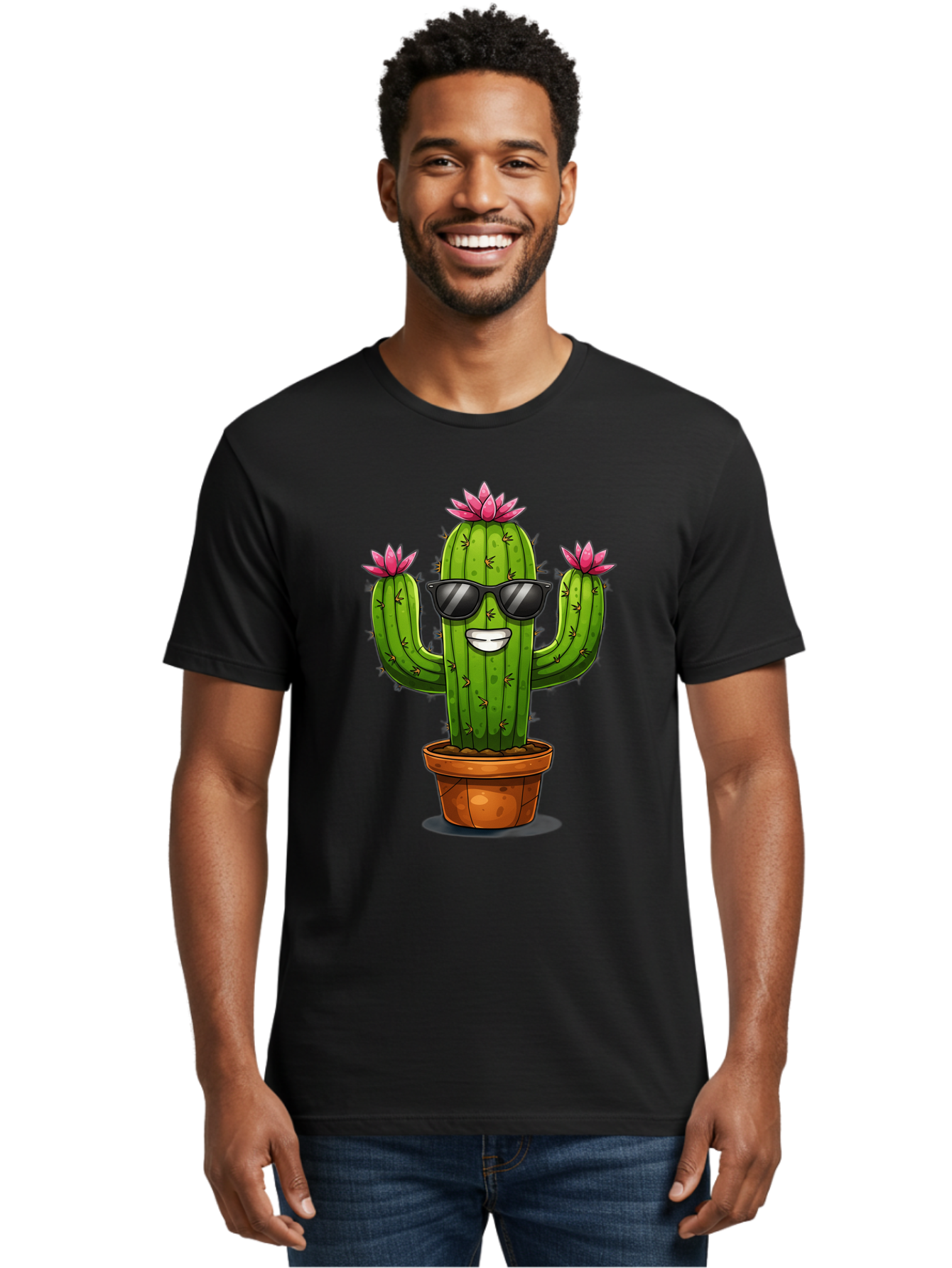 Cactus-Sunglasses-1 Men'S Graphic Tee, 100% Cotton, Comfortable Casual Summer Wear, Machine Washable, Funny Cactus, Sunglasses, Cartoon Style, Pink Flowers, Terracotta Pot, Smiling Face, Quirky Character, Houseplant Decor, Desert Vibes, Bac754