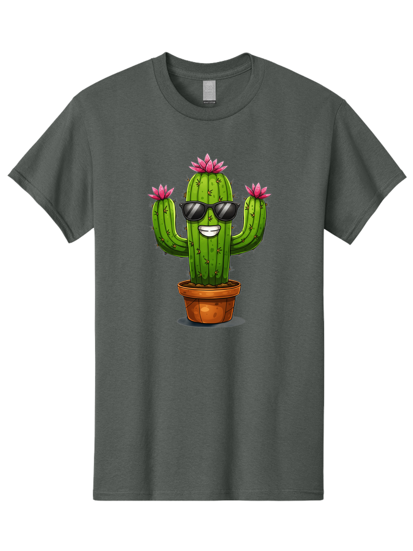 Cactus-Sunglasses-1 Men'S Graphic Tee, 100% Cotton, Comfortable Casual Summer Wear, Machine Washable, Funny Cactus, Sunglasses, Cartoon Style, Pink Flowers, Terracotta Pot, Smiling Face, Quirky Character, Houseplant Decor, Desert Vibes, Bac754