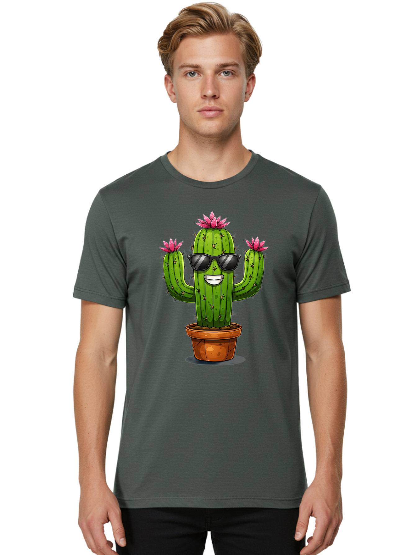 Cactus-Sunglasses-1 Men'S Graphic Tee, 100% Cotton, Comfortable Casual Summer Wear, Machine Washable, Funny Cactus, Sunglasses, Cartoon Style, Pink Flowers, Terracotta Pot, Smiling Face, Quirky Character, Houseplant Decor, Desert Vibes, Bac754