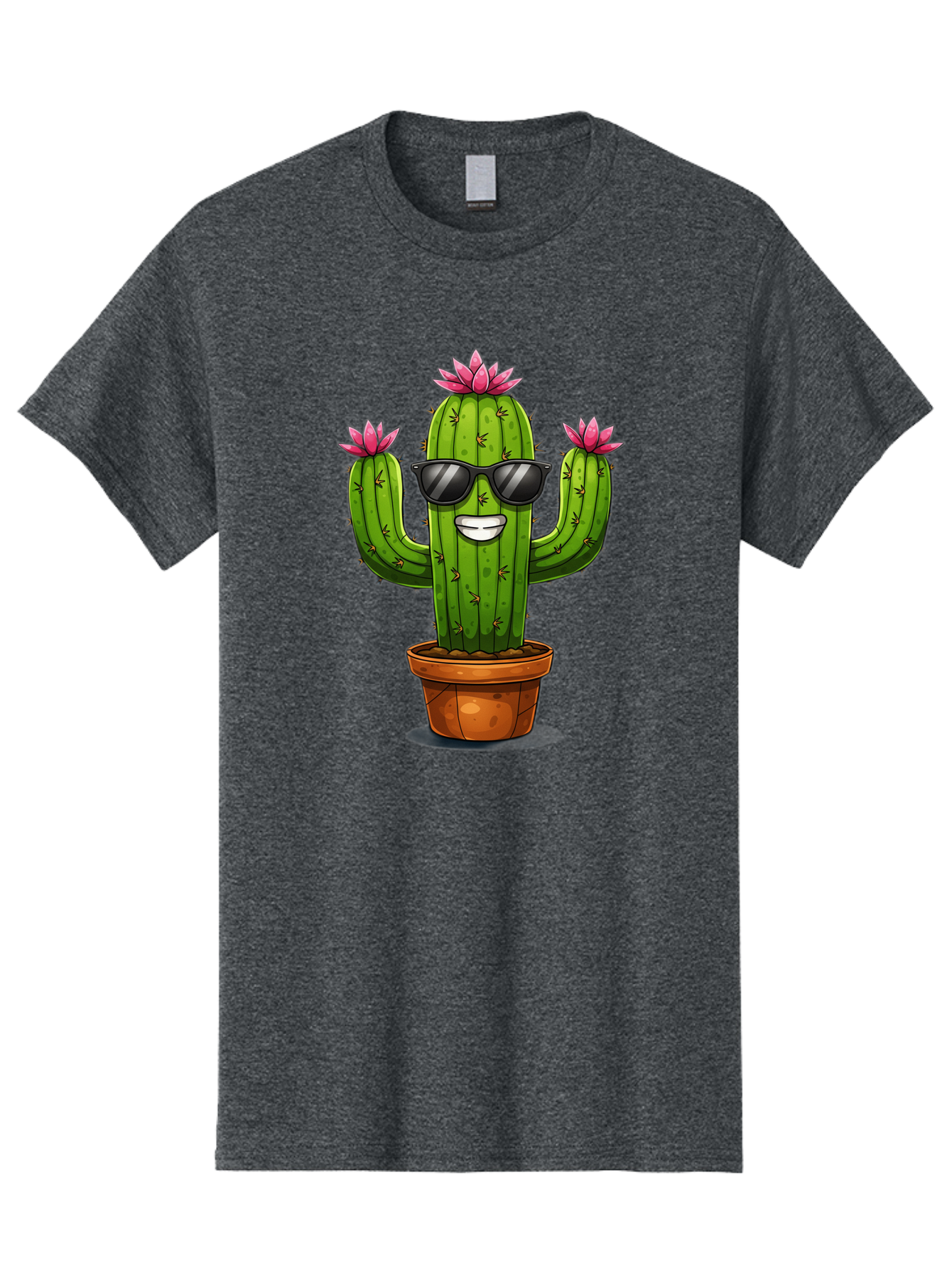 Cactus-Sunglasses-1 Men'S Graphic Tee, 100% Cotton, Comfortable Casual Summer Wear, Machine Washable, Funny Cactus, Sunglasses, Cartoon Style, Pink Flowers, Terracotta Pot, Smiling Face, Quirky Character, Houseplant Decor, Desert Vibes, Bac754