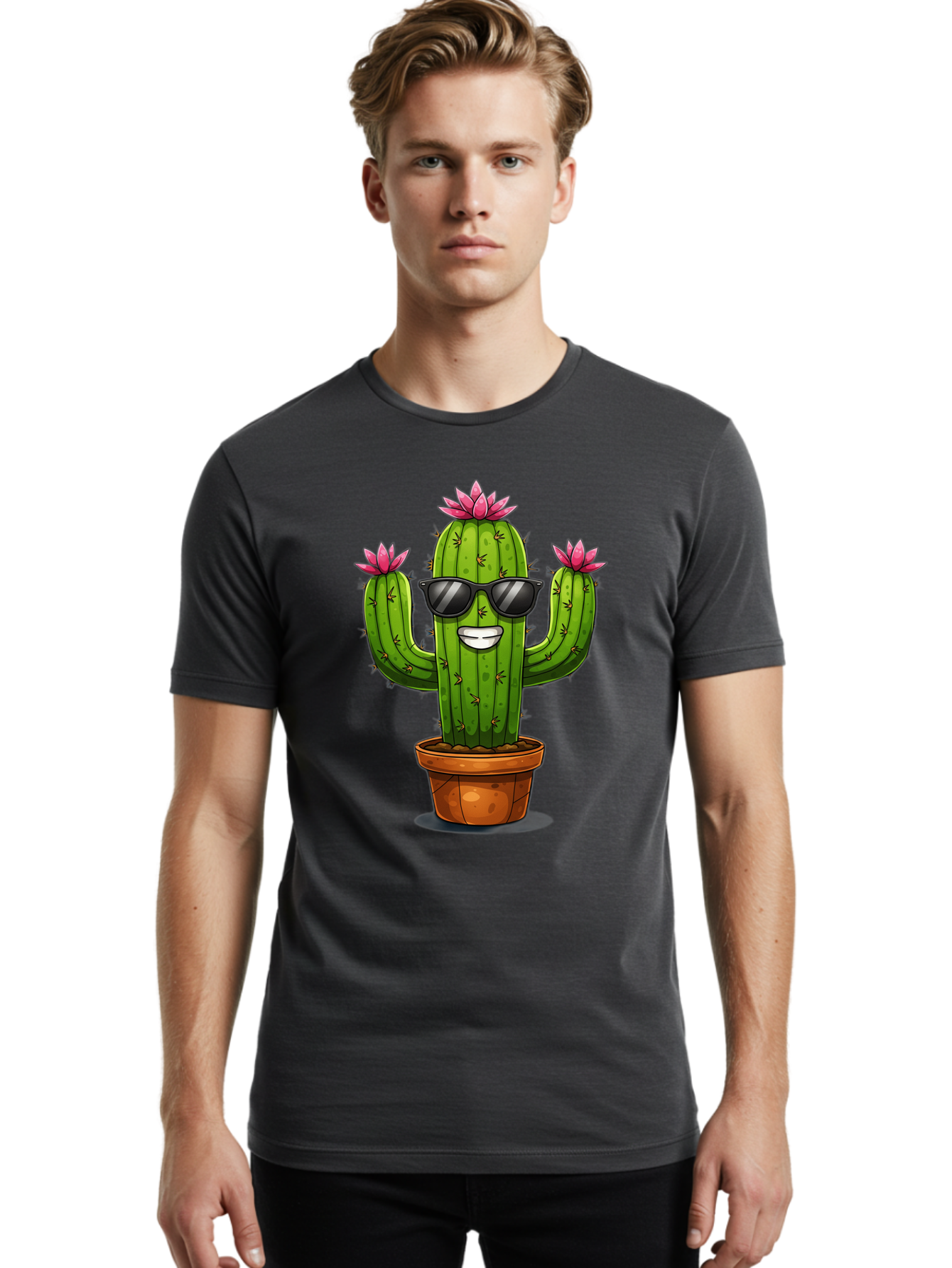 Cactus-Sunglasses-1 Men'S Graphic Tee, 100% Cotton, Comfortable Casual Summer Wear, Machine Washable, Funny Cactus, Sunglasses, Cartoon Style, Pink Flowers, Terracotta Pot, Smiling Face, Quirky Character, Houseplant Decor, Desert Vibes, Bac754