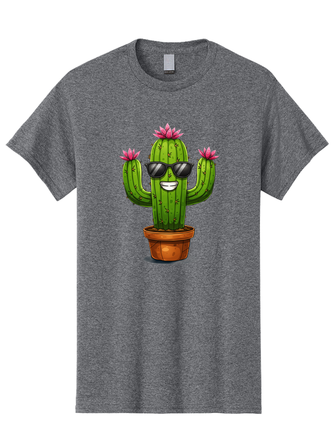 Cactus-Sunglasses-1 Men'S Graphic Tee, 100% Cotton, Comfortable Casual Summer Wear, Machine Washable, Funny Cactus, Sunglasses, Cartoon Style, Pink Flowers, Terracotta Pot, Smiling Face, Quirky Character, Houseplant Decor, Desert Vibes, Bac754