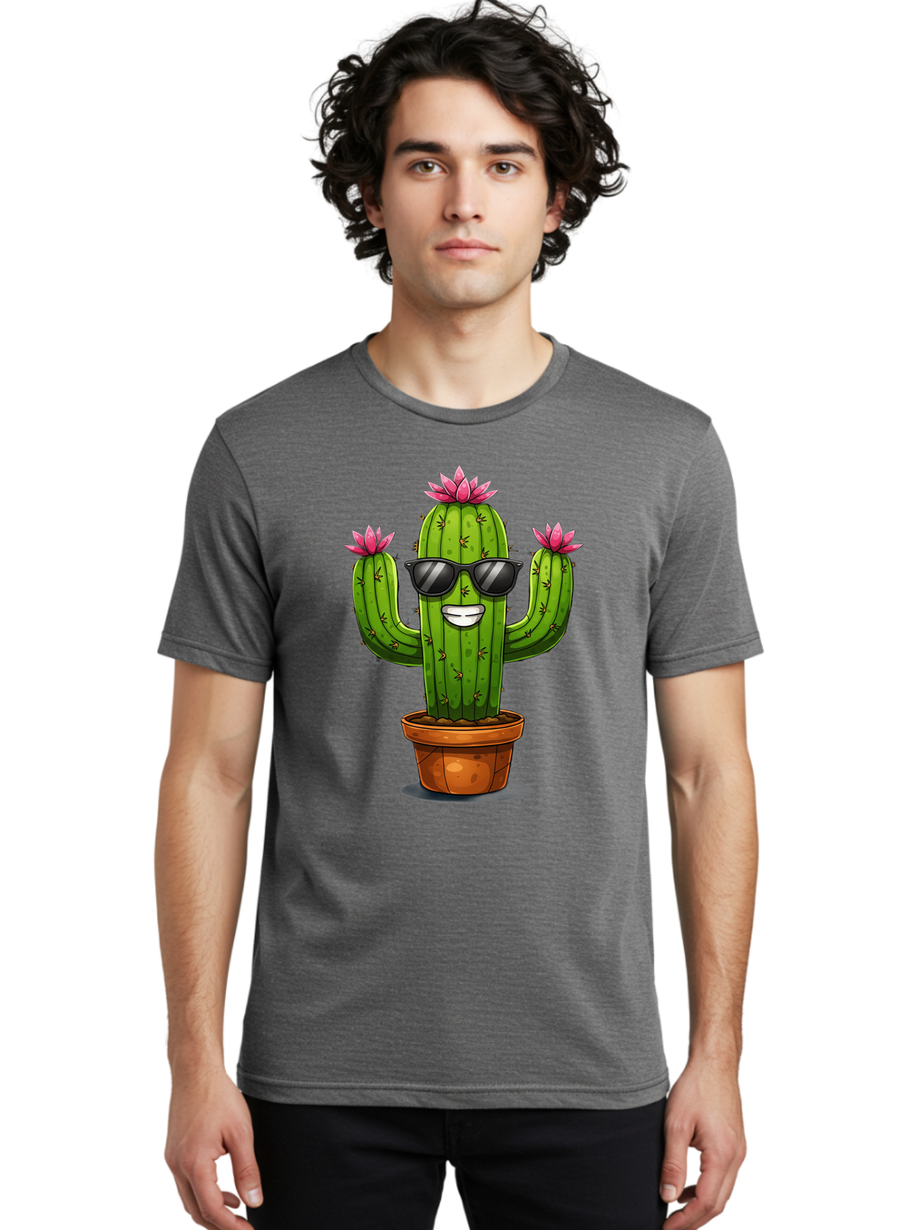 Cactus-Sunglasses-1 Men'S Graphic Tee, 100% Cotton, Comfortable Casual Summer Wear, Machine Washable, Funny Cactus, Sunglasses, Cartoon Style, Pink Flowers, Terracotta Pot, Smiling Face, Quirky Character, Houseplant Decor, Desert Vibes, Bac754
