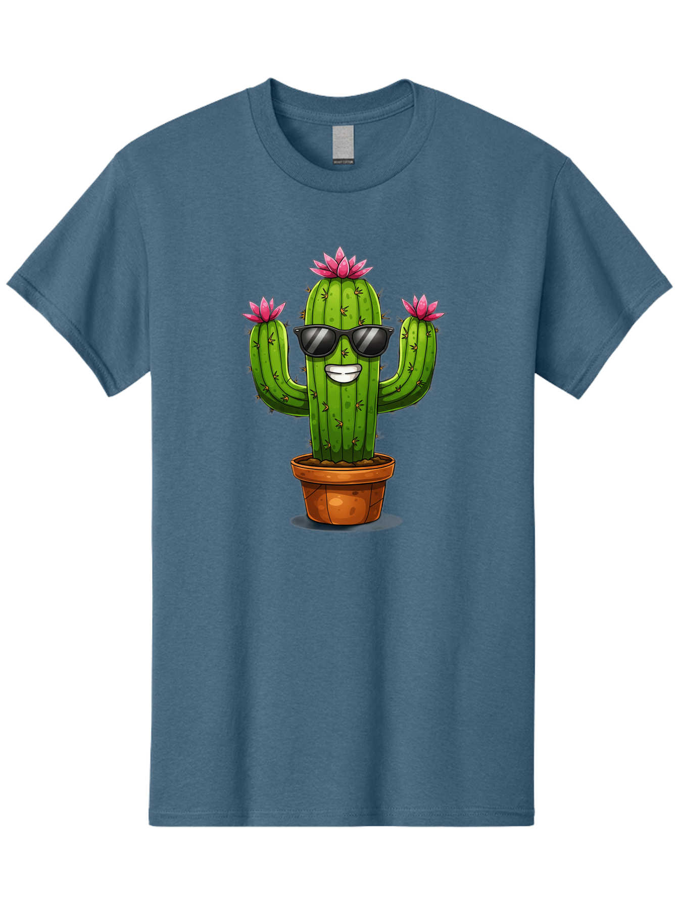Cactus-Sunglasses-1 Men'S Graphic Tee, 100% Cotton, Comfortable Casual Summer Wear, Machine Washable, Funny Cactus, Sunglasses, Cartoon Style, Pink Flowers, Terracotta Pot, Smiling Face, Quirky Character, Houseplant Decor, Desert Vibes, Bac754