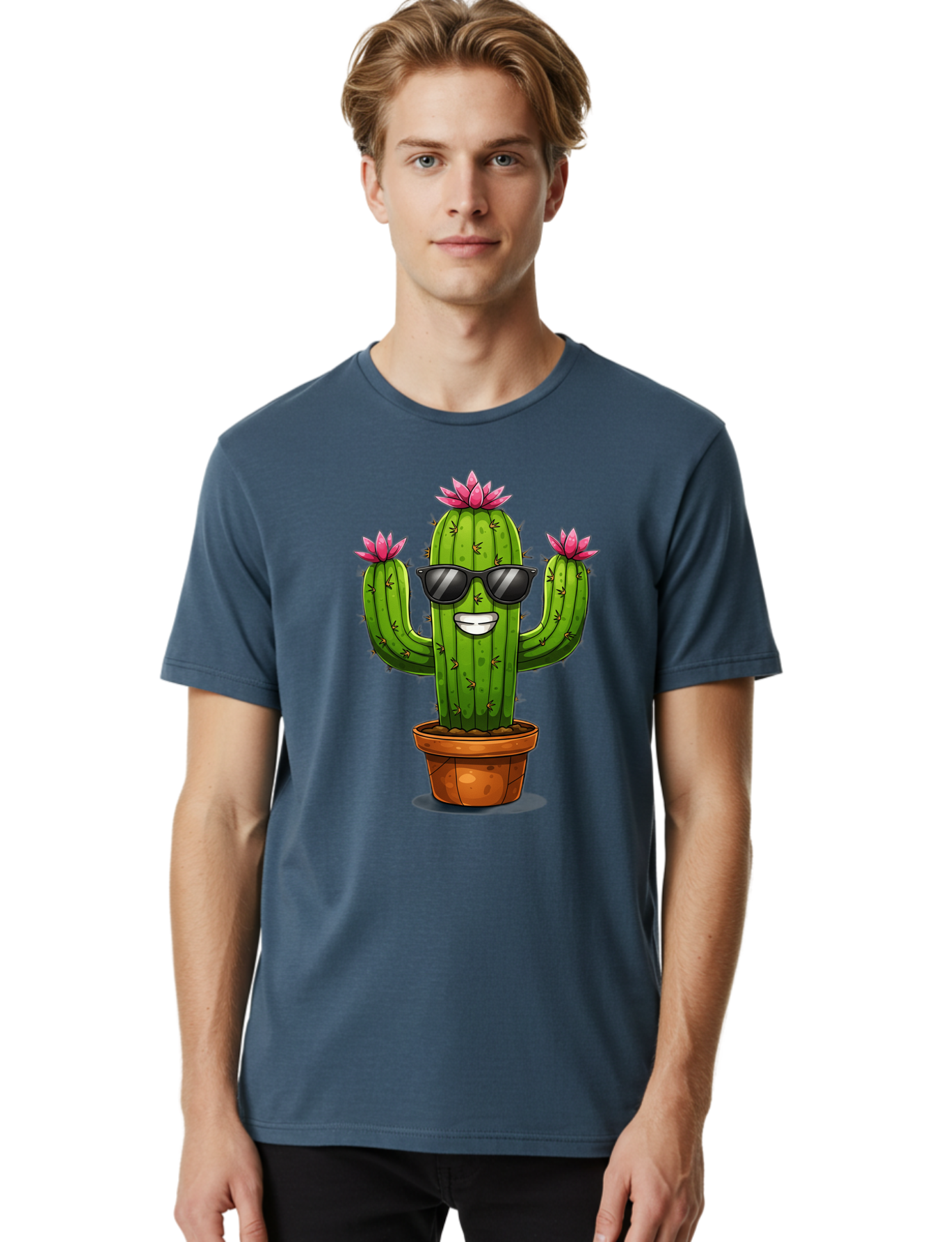 Cactus-Sunglasses-1 Men'S Graphic Tee, 100% Cotton, Comfortable Casual Summer Wear, Machine Washable, Funny Cactus, Sunglasses, Cartoon Style, Pink Flowers, Terracotta Pot, Smiling Face, Quirky Character, Houseplant Decor, Desert Vibes, Bac754