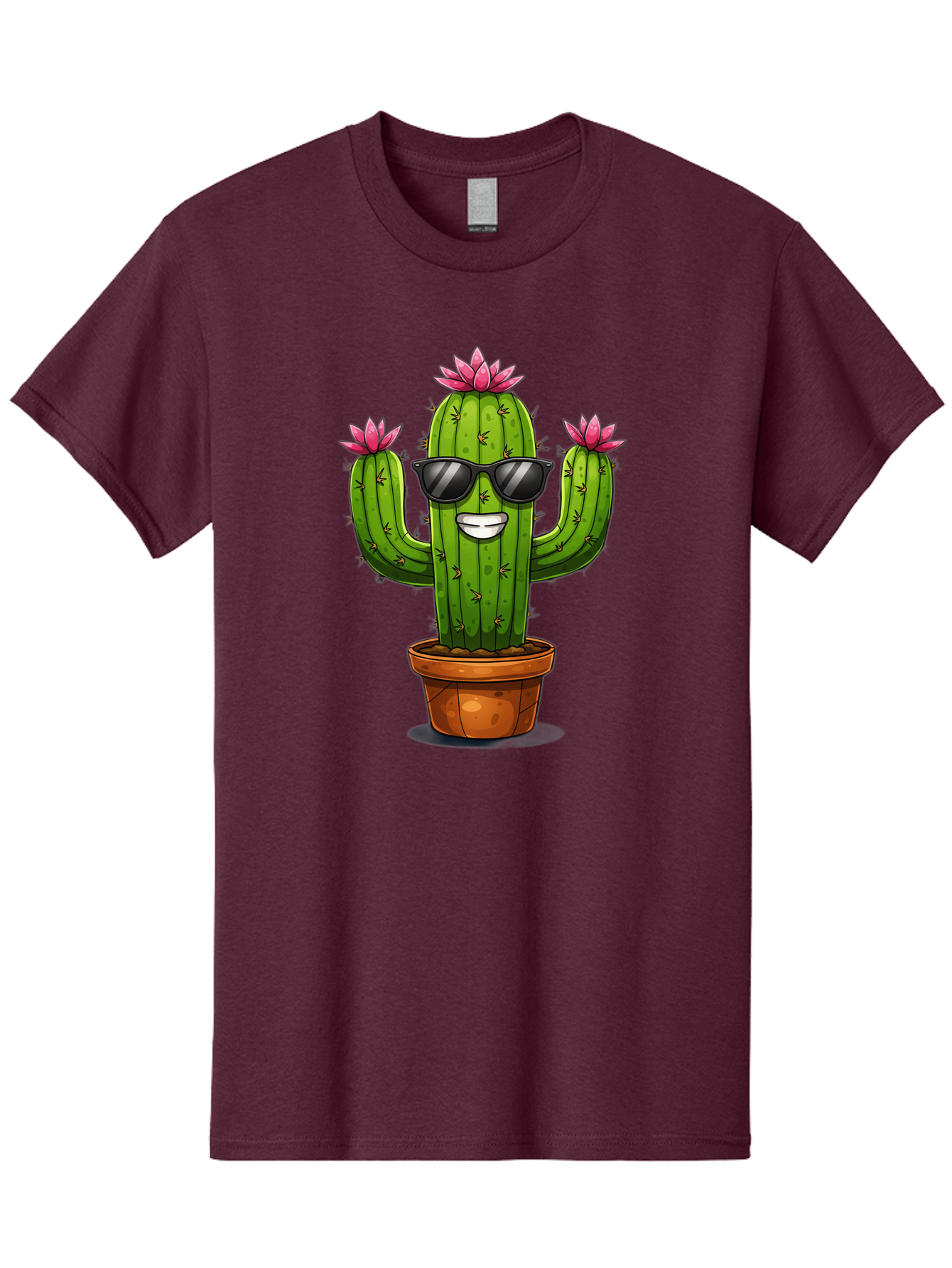 Cactus-Sunglasses-1 Men'S Graphic Tee, 100% Cotton, Comfortable Casual Summer Wear, Machine Washable, Funny Cactus, Sunglasses, Cartoon Style, Pink Flowers, Terracotta Pot, Smiling Face, Quirky Character, Houseplant Decor, Desert Vibes, Bac754