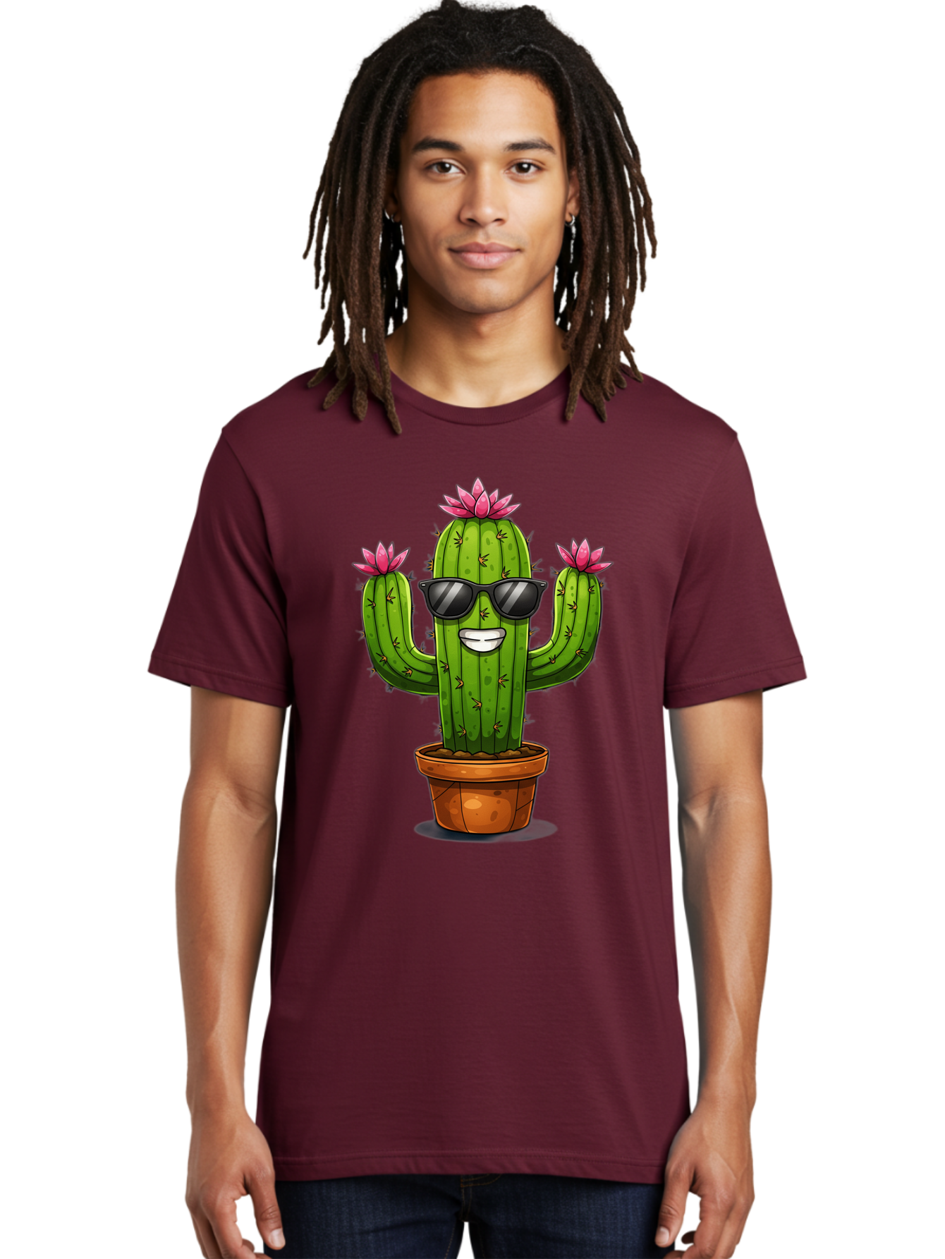 Cactus-Sunglasses-1 Men'S Graphic Tee, 100% Cotton, Comfortable Casual Summer Wear, Machine Washable, Funny Cactus, Sunglasses, Cartoon Style, Pink Flowers, Terracotta Pot, Smiling Face, Quirky Character, Houseplant Decor, Desert Vibes, Bac754