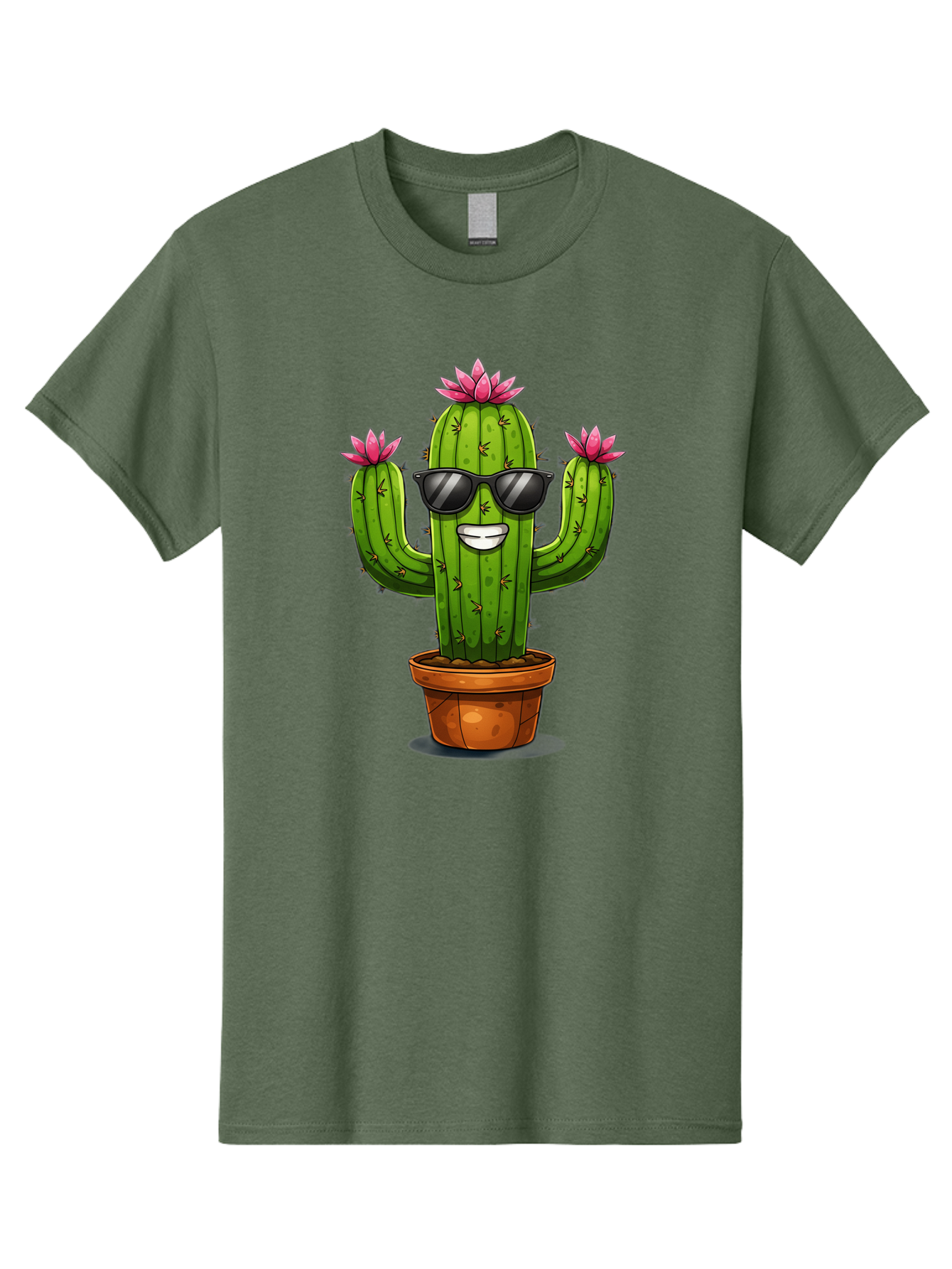 Cactus-Sunglasses-1 Men'S Graphic Tee, 100% Cotton, Comfortable Casual Summer Wear, Machine Washable, Funny Cactus, Sunglasses, Cartoon Style, Pink Flowers, Terracotta Pot, Smiling Face, Quirky Character, Houseplant Decor, Desert Vibes, Bac754