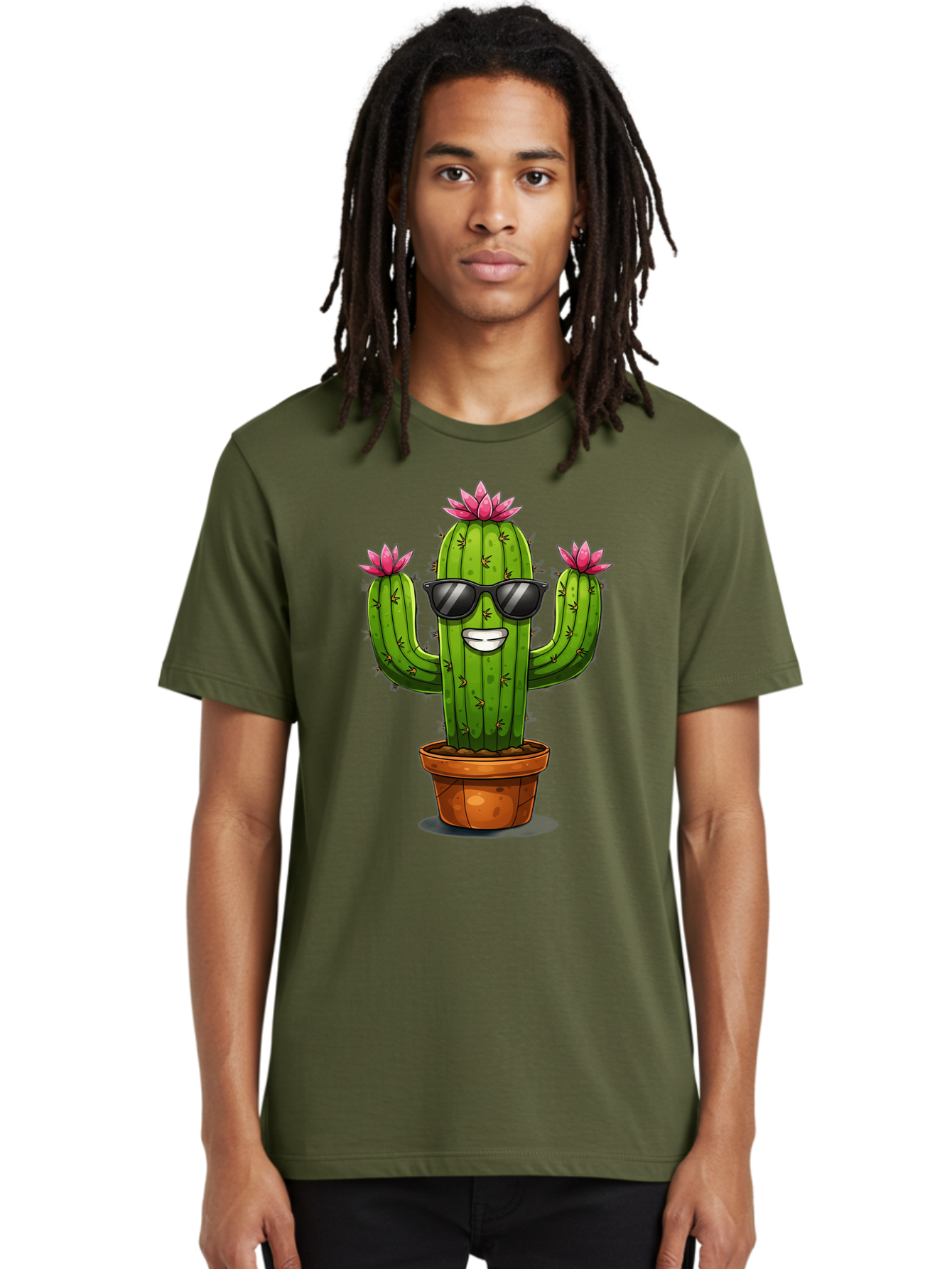 Cactus-Sunglasses-1 Men'S Graphic Tee, 100% Cotton, Comfortable Casual Summer Wear, Machine Washable, Funny Cactus, Sunglasses, Cartoon Style, Pink Flowers, Terracotta Pot, Smiling Face, Quirky Character, Houseplant Decor, Desert Vibes, Bac754