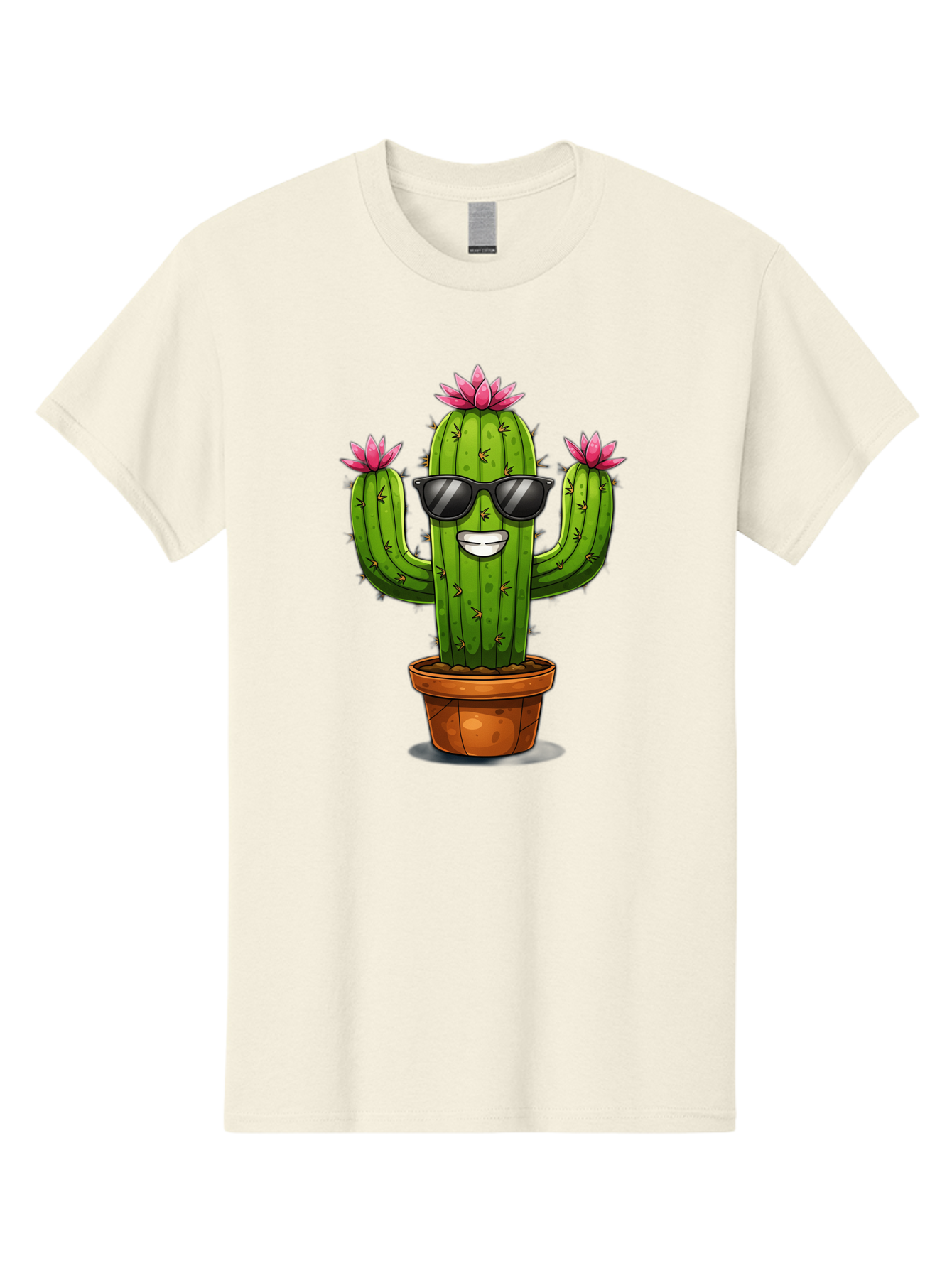Cactus-Sunglasses-1 Men'S Graphic Tee, 100% Cotton, Comfortable Casual Summer Wear, Machine Washable, Funny Cactus, Sunglasses, Cartoon Style, Pink Flowers, Terracotta Pot, Smiling Face, Quirky Character, Houseplant Decor, Desert Vibes, Bac754