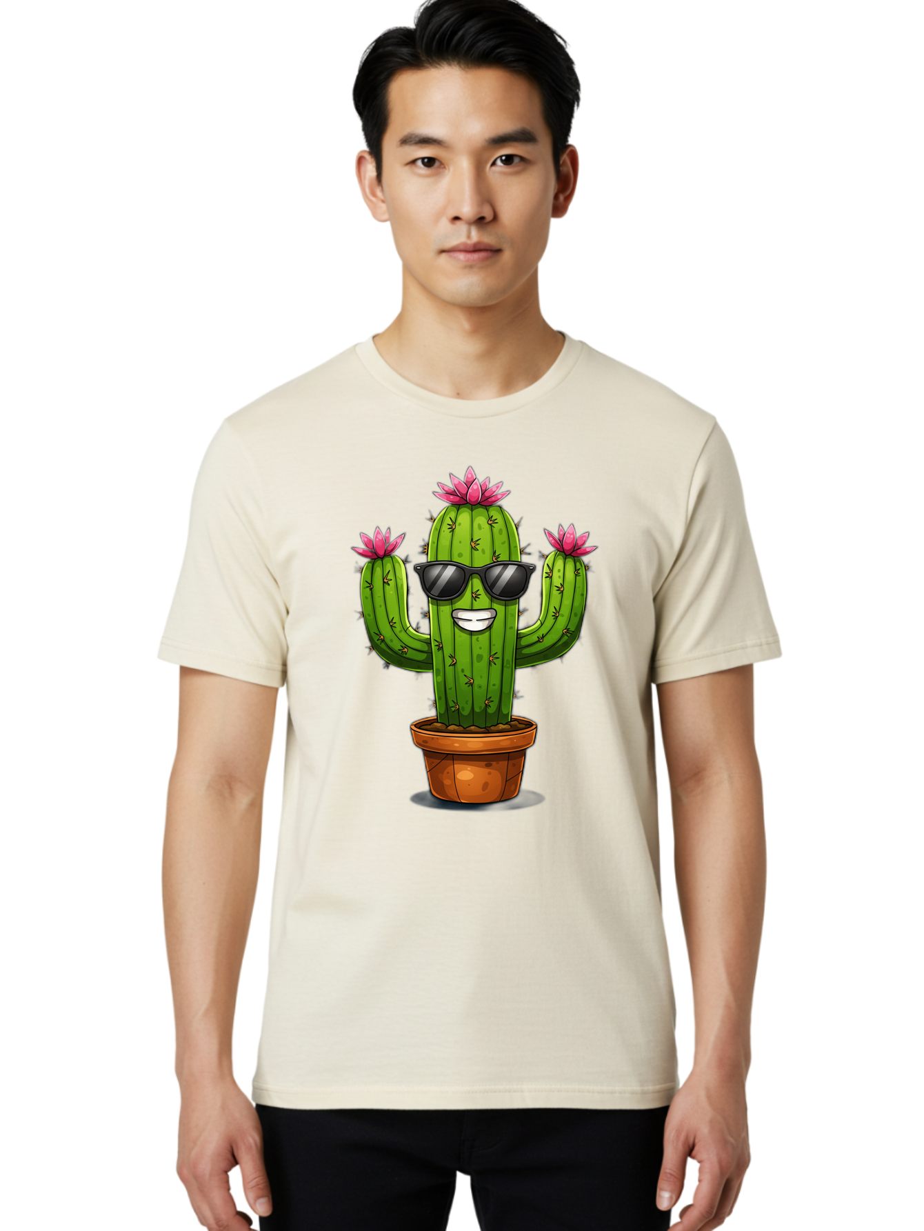 Cactus-Sunglasses-1 Men'S Graphic Tee, 100% Cotton, Comfortable Casual Summer Wear, Machine Washable, Funny Cactus, Sunglasses, Cartoon Style, Pink Flowers, Terracotta Pot, Smiling Face, Quirky Character, Houseplant Decor, Desert Vibes, Bac754