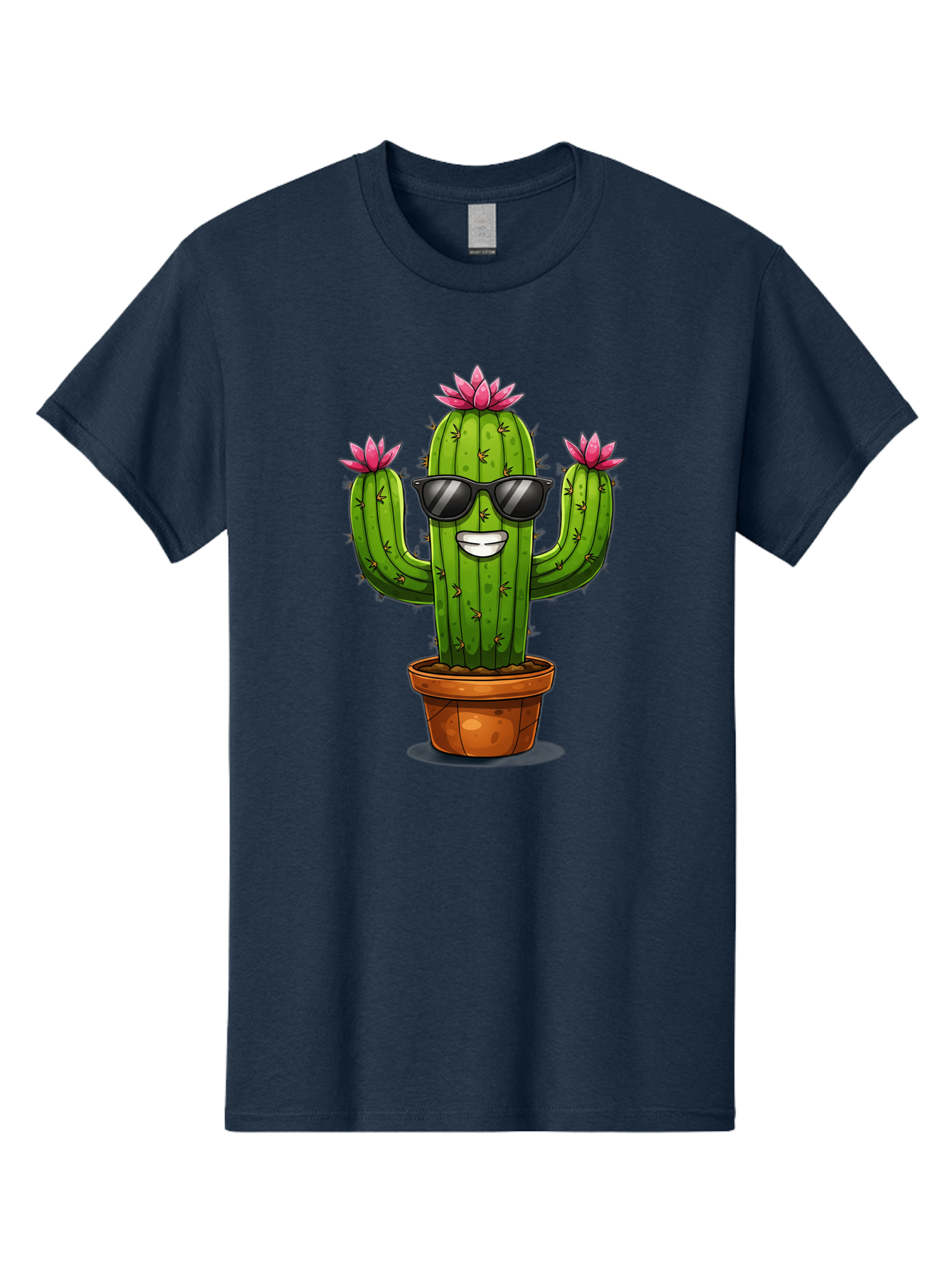 Cactus-Sunglasses-1 Men'S Graphic Tee, 100% Cotton, Comfortable Casual Summer Wear, Machine Washable, Funny Cactus, Sunglasses, Cartoon Style, Pink Flowers, Terracotta Pot, Smiling Face, Quirky Character, Houseplant Decor, Desert Vibes, Bac754