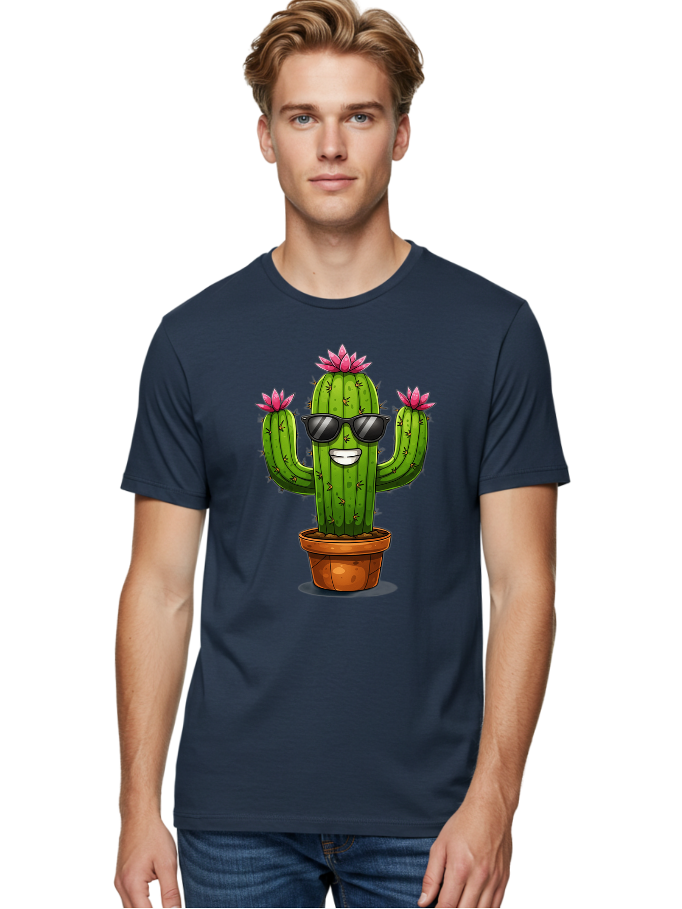Cactus-Sunglasses-1 Men'S Graphic Tee, 100% Cotton, Comfortable Casual Summer Wear, Machine Washable, Funny Cactus, Sunglasses, Cartoon Style, Pink Flowers, Terracotta Pot, Smiling Face, Quirky Character, Houseplant Decor, Desert Vibes, Bac754