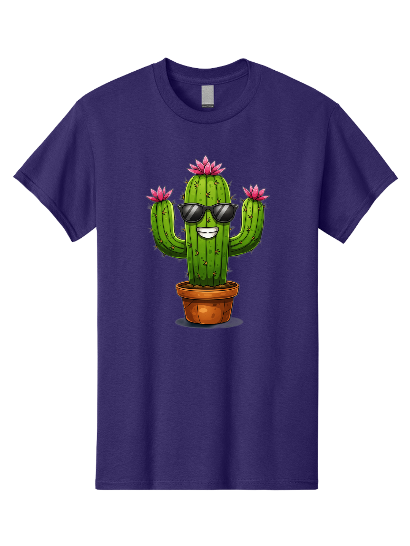 Cactus-Sunglasses-1 Men'S Graphic Tee, 100% Cotton, Comfortable Casual Summer Wear, Machine Washable, Funny Cactus, Sunglasses, Cartoon Style, Pink Flowers, Terracotta Pot, Smiling Face, Quirky Character, Houseplant Decor, Desert Vibes, Bac754