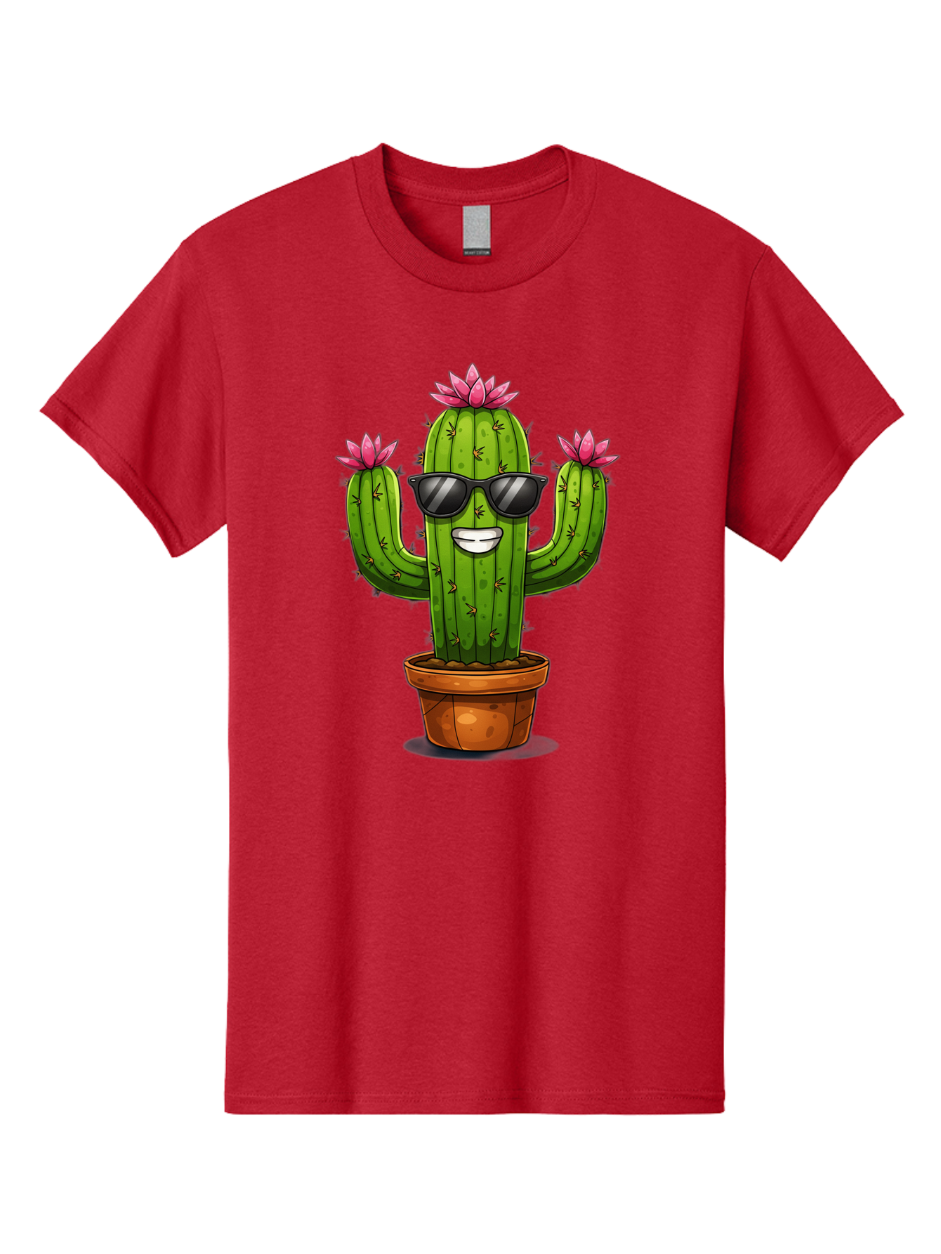 Cactus-Sunglasses-1 Men'S Graphic Tee, 100% Cotton, Comfortable Casual Summer Wear, Machine Washable, Funny Cactus, Sunglasses, Cartoon Style, Pink Flowers, Terracotta Pot, Smiling Face, Quirky Character, Houseplant Decor, Desert Vibes, Bac754