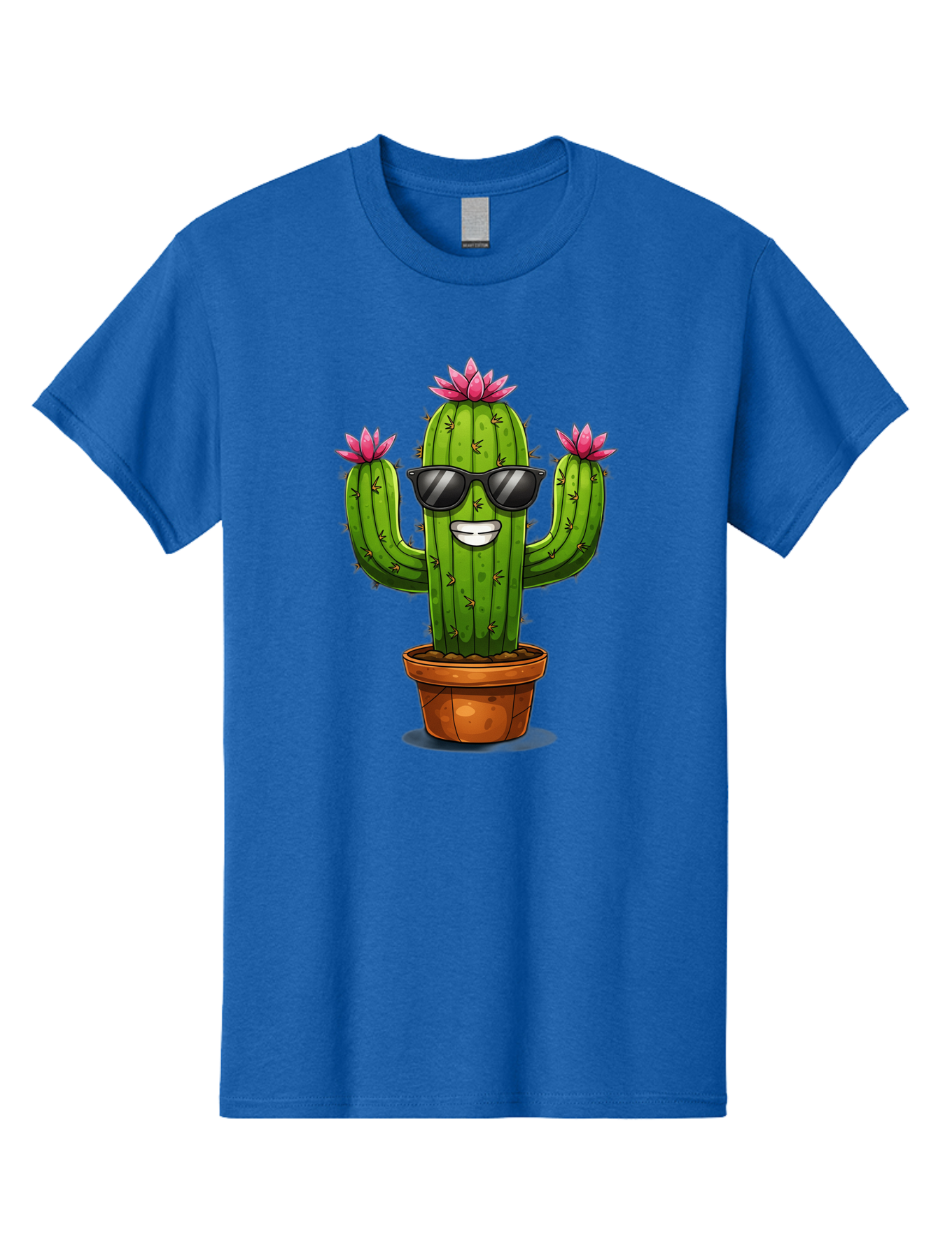 Cactus-Sunglasses-1 Men'S Graphic Tee, 100% Cotton, Comfortable Casual Summer Wear, Machine Washable, Funny Cactus, Sunglasses, Cartoon Style, Pink Flowers, Terracotta Pot, Smiling Face, Quirky Character, Houseplant Decor, Desert Vibes, Bac754