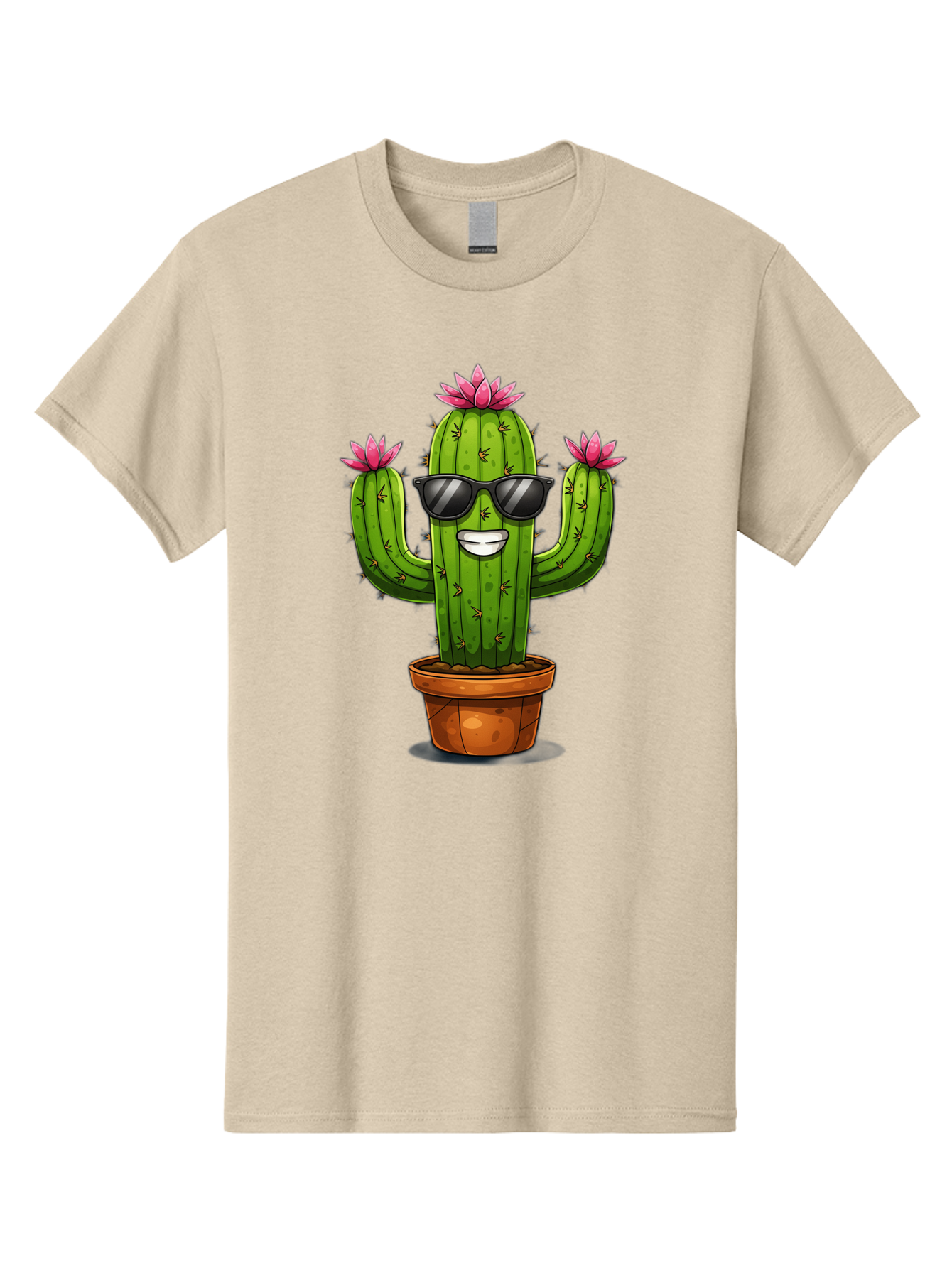 Cactus-Sunglasses-1 Men'S Graphic Tee, 100% Cotton, Comfortable Casual Summer Wear, Machine Washable, Funny Cactus, Sunglasses, Cartoon Style, Pink Flowers, Terracotta Pot, Smiling Face, Quirky Character, Houseplant Decor, Desert Vibes, Bac754