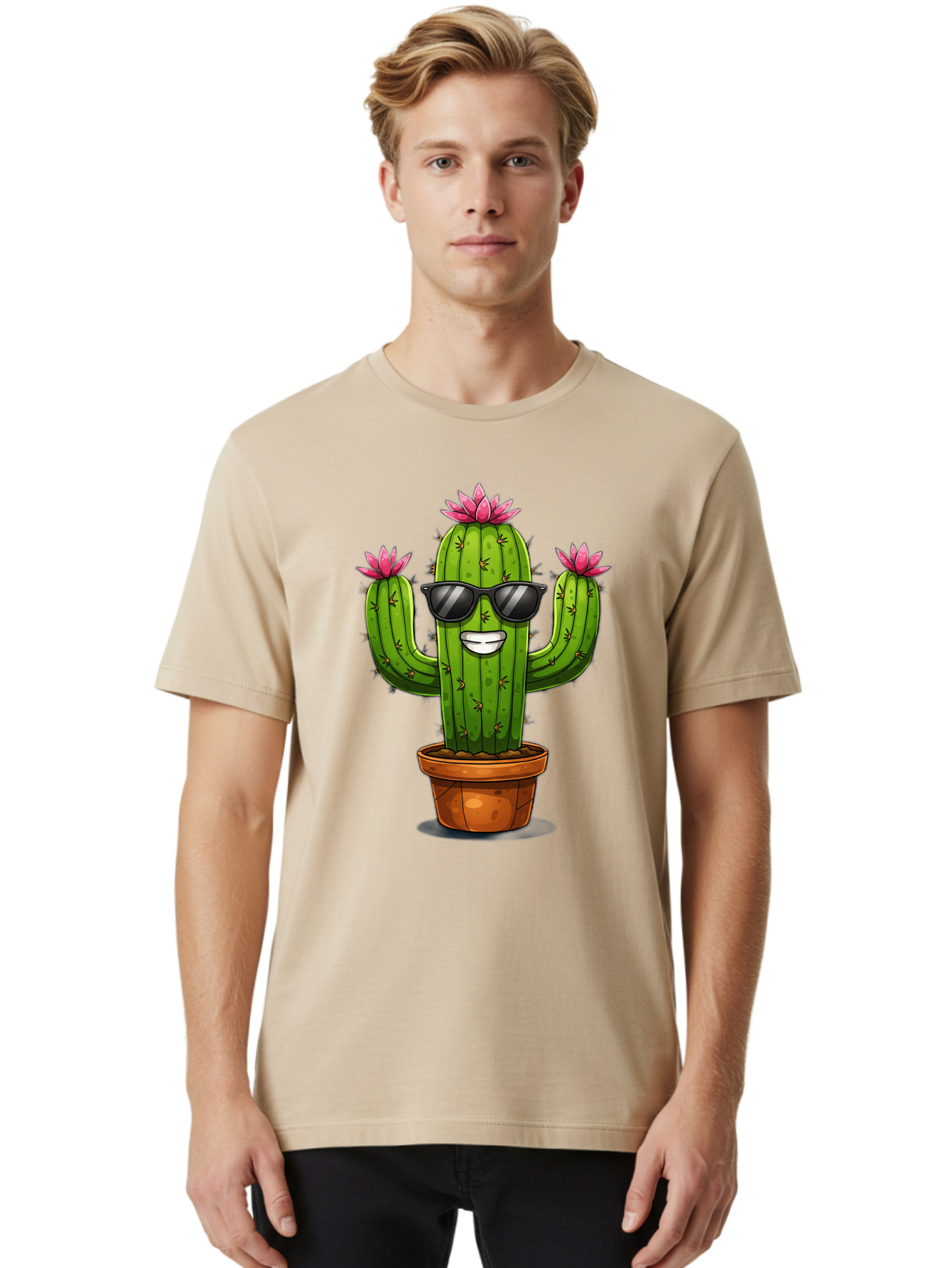 Cactus-Sunglasses-1 Men'S Graphic Tee, 100% Cotton, Comfortable Casual Summer Wear, Machine Washable, Funny Cactus, Sunglasses, Cartoon Style, Pink Flowers, Terracotta Pot, Smiling Face, Quirky Character, Houseplant Decor, Desert Vibes, Bac754