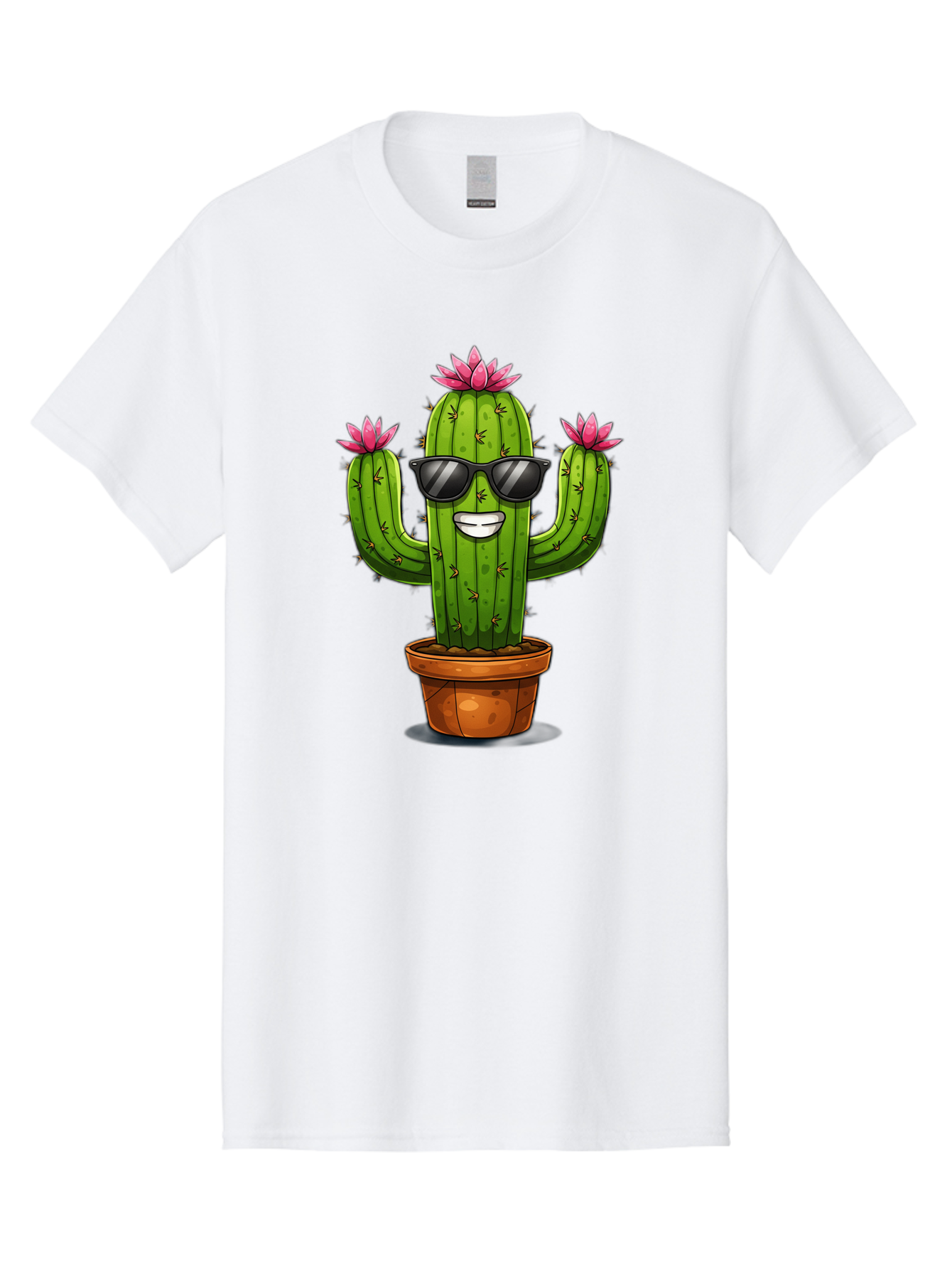 Cactus-Sunglasses-1 Men'S Graphic Tee, 100% Cotton, Comfortable Casual Summer Wear, Machine Washable, Funny Cactus, Sunglasses, Cartoon Style, Pink Flowers, Terracotta Pot, Smiling Face, Quirky Character, Houseplant Decor, Desert Vibes, Bac754