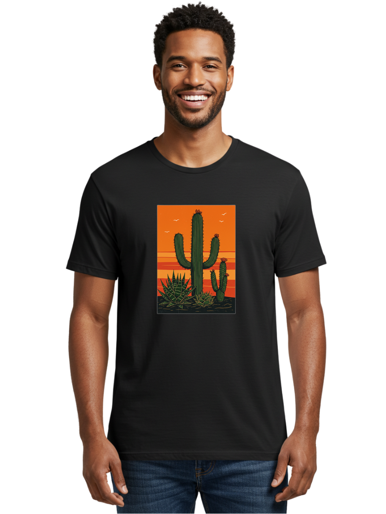 Cactus-Sunset-1 Men'S Graphic Tee, 100% Cotton, Comfortable Casual Summer Wear, Machine Washable, Cactus And Agave Plants, Desert Landscape, Vibrant Sunset, Orange And Yellow Hues, Natural Beauty, Outdoor Scenery, Peaceful Atmosphere, Bac756