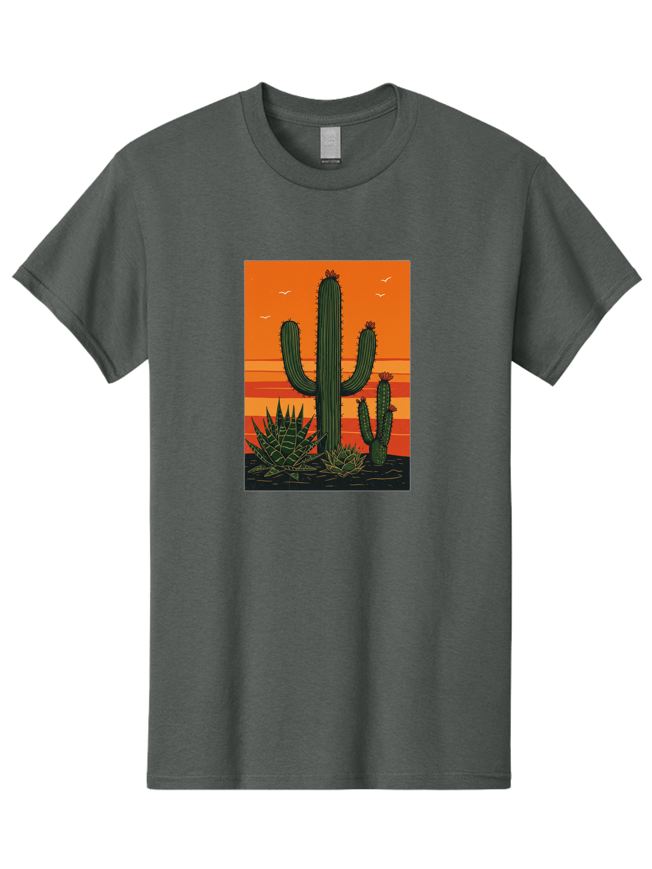 Cactus-Sunset-1 Men'S Graphic Tee, 100% Cotton, Comfortable Casual Summer Wear, Machine Washable, Cactus And Agave Plants, Desert Landscape, Vibrant Sunset, Orange And Yellow Hues, Natural Beauty, Outdoor Scenery, Peaceful Atmosphere, Bac756