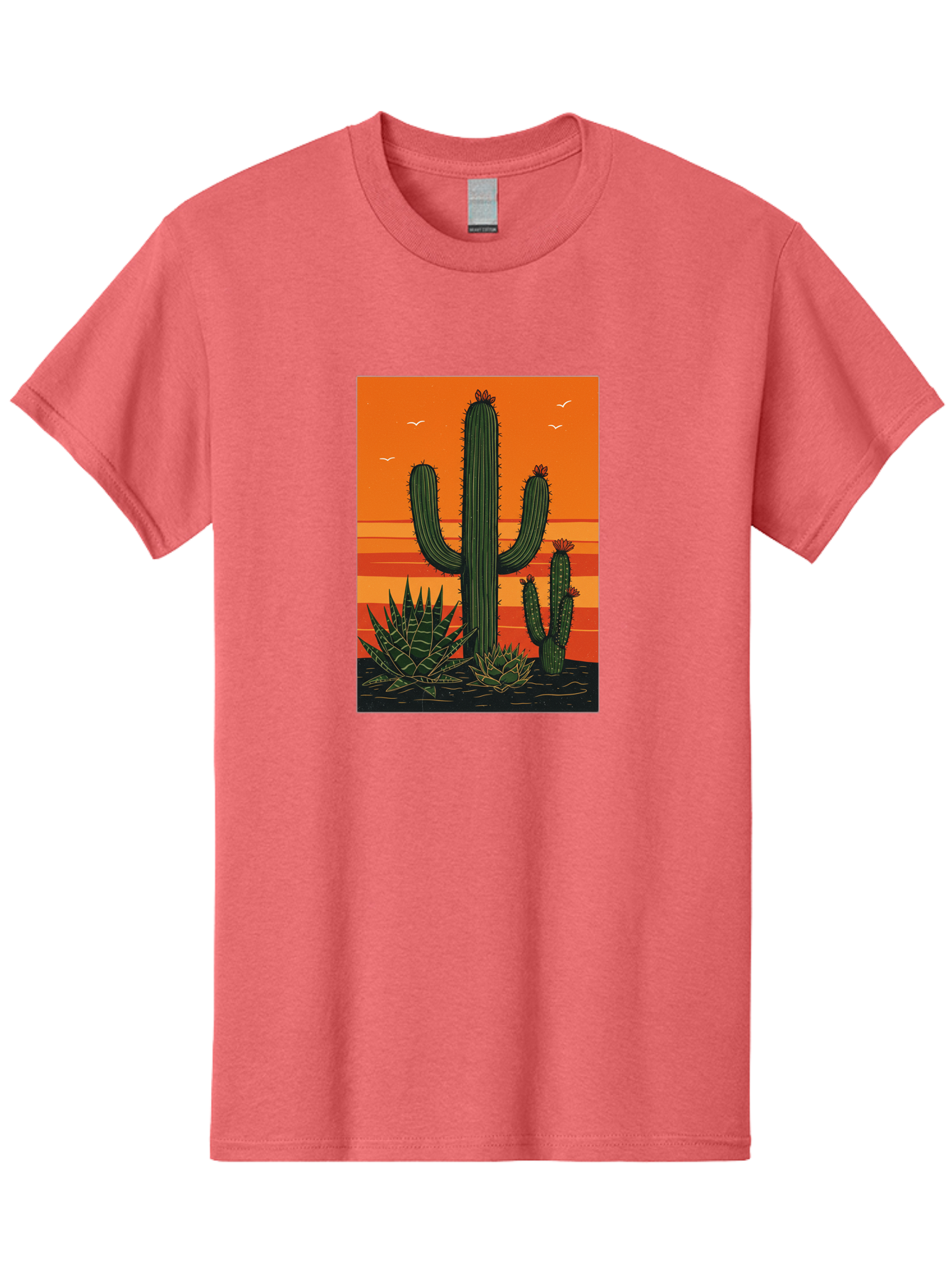 Cactus-Sunset-1 Men'S Graphic Tee, 100% Cotton, Comfortable Casual Summer Wear, Machine Washable, Cactus And Agave Plants, Desert Landscape, Vibrant Sunset, Orange And Yellow Hues, Natural Beauty, Outdoor Scenery, Peaceful Atmosphere, Bac756