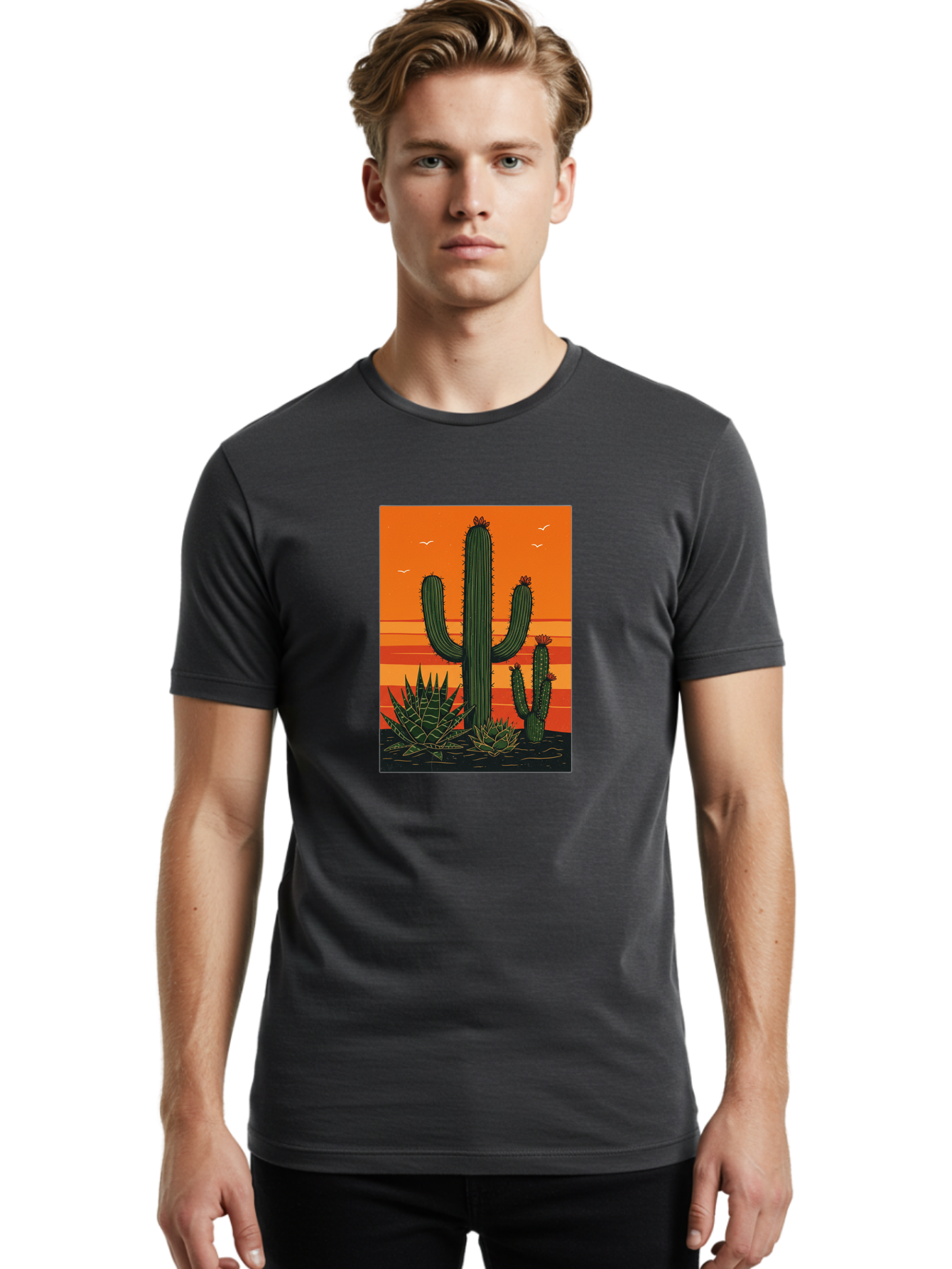 Cactus-Sunset-1 Men'S Graphic Tee, 100% Cotton, Comfortable Casual Summer Wear, Machine Washable, Cactus And Agave Plants, Desert Landscape, Vibrant Sunset, Orange And Yellow Hues, Natural Beauty, Outdoor Scenery, Peaceful Atmosphere, Bac756